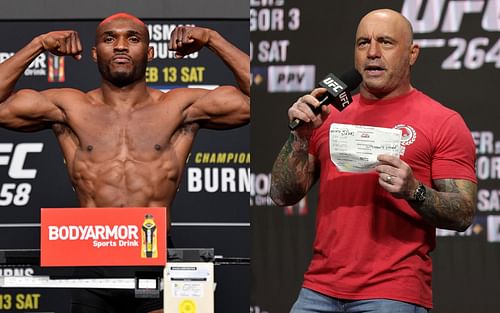 UFC welterweight champion Kamaru Usman (left) and commentator Joe Rogan (right)