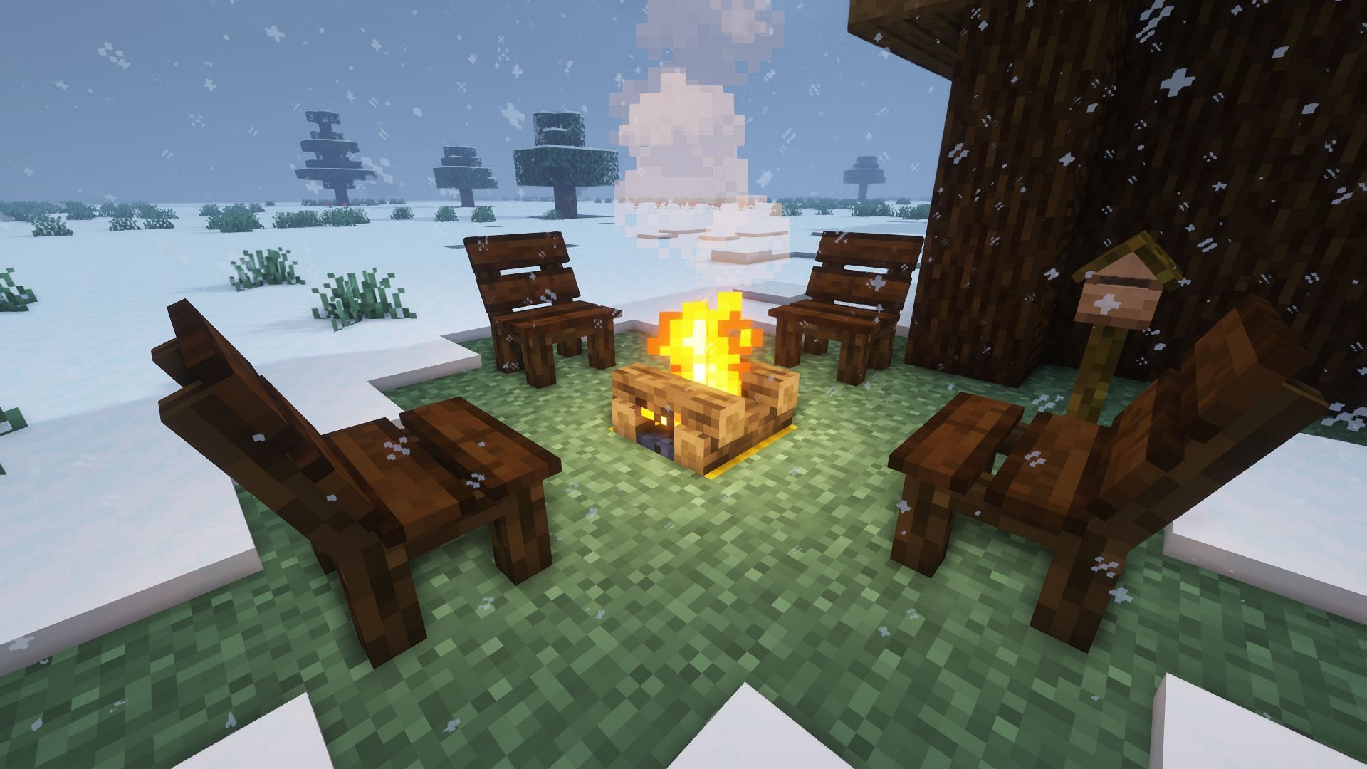 Benches in Minecraft using MrCrayfish&#039;s Furniture Mod (Image via Minecraft)