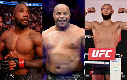 Leon Edwards (left); Daniel Cormier (center); Khamzat Chimaev (right).