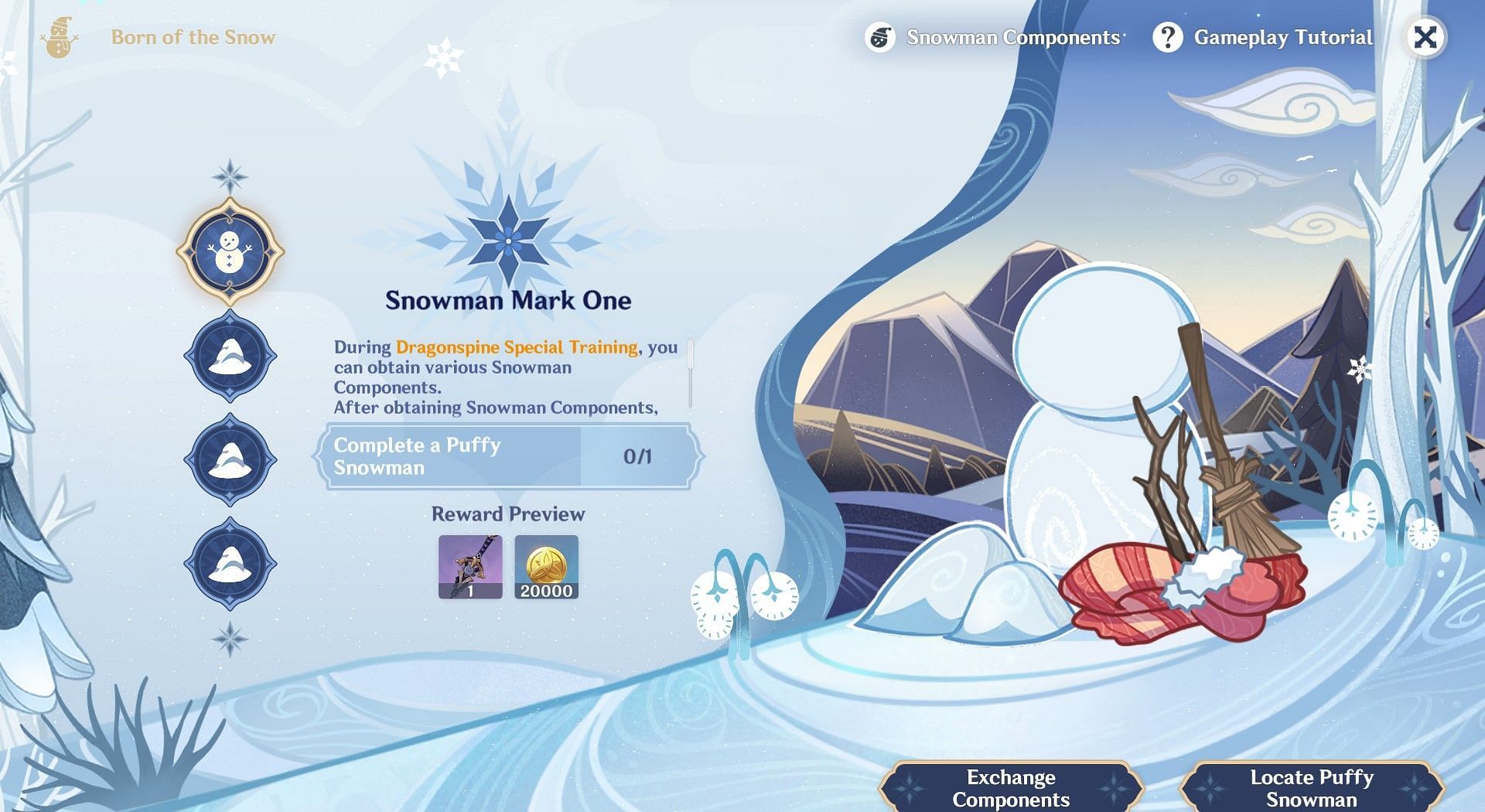 Cinnabar Spindle can be obtained as a reward for making a Puffy Snowman (Image via Genshin Impact)