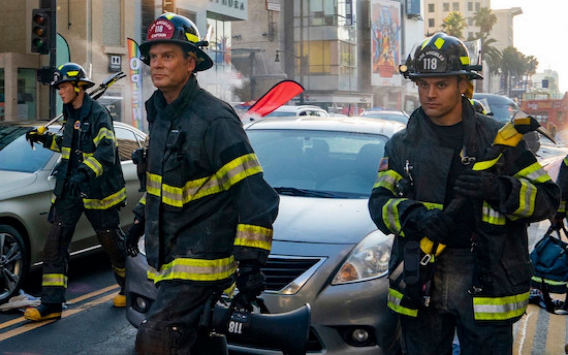 Oliver Stark, Peter Krause and Ryan Guzman in a scene from 9-1-1 (Image via Jack Zeman /FOX)