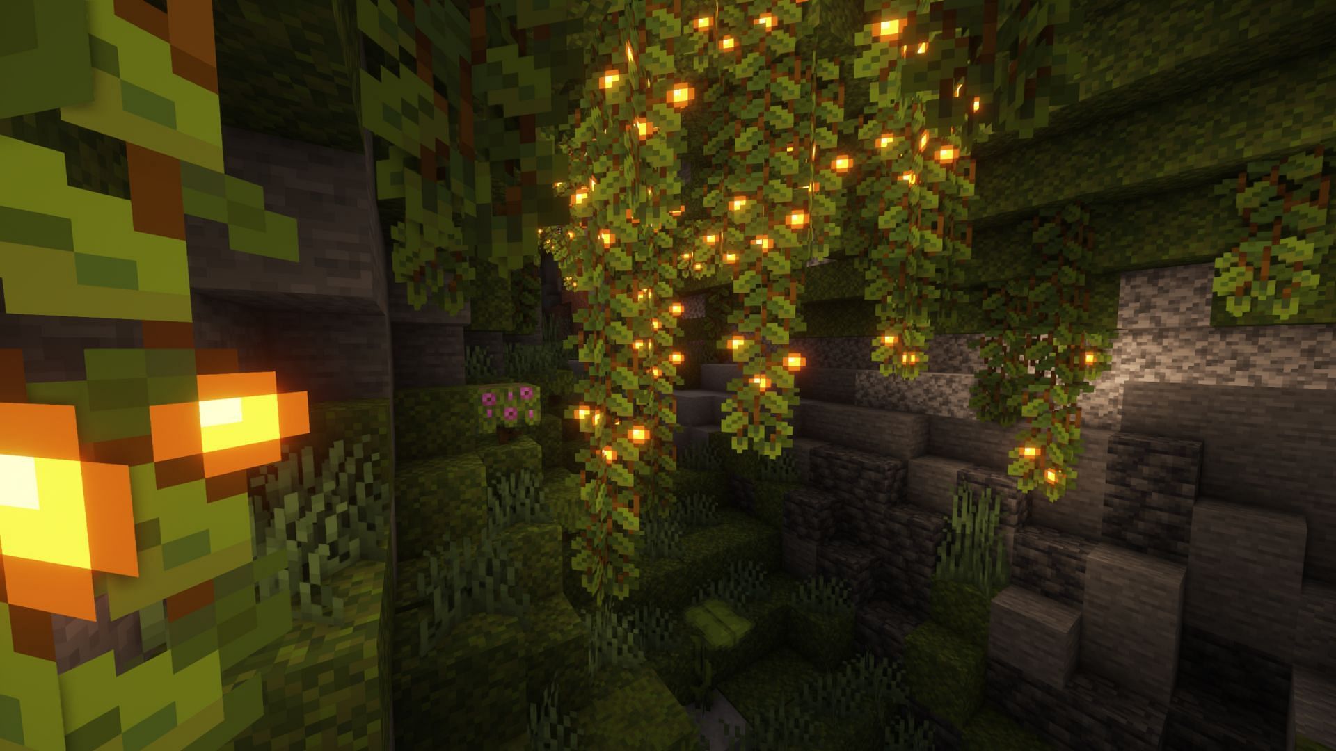 Lush caves with complimentary shaders (Image via Minecraft)