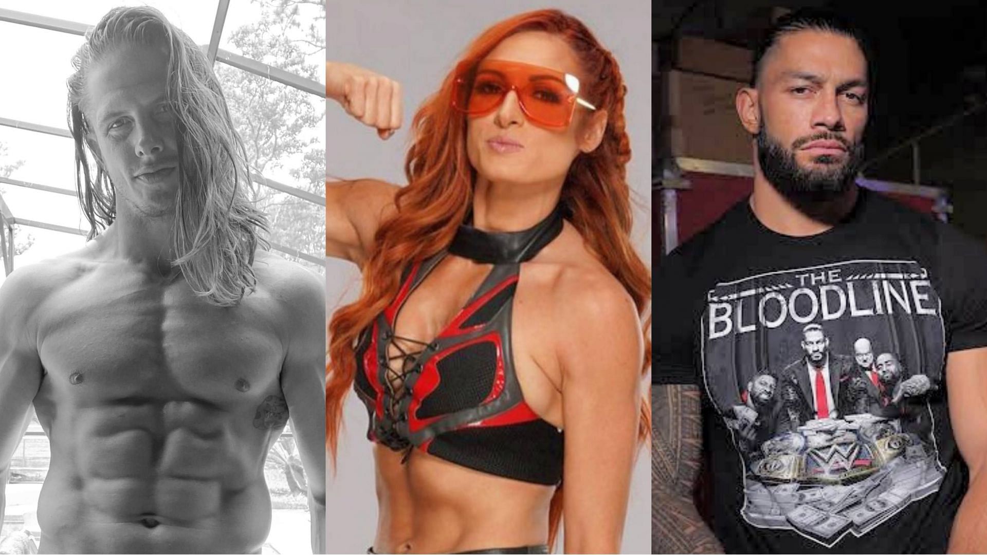 Riddle (left), Becky Lynch (middle), and Roman Reigns (right)
