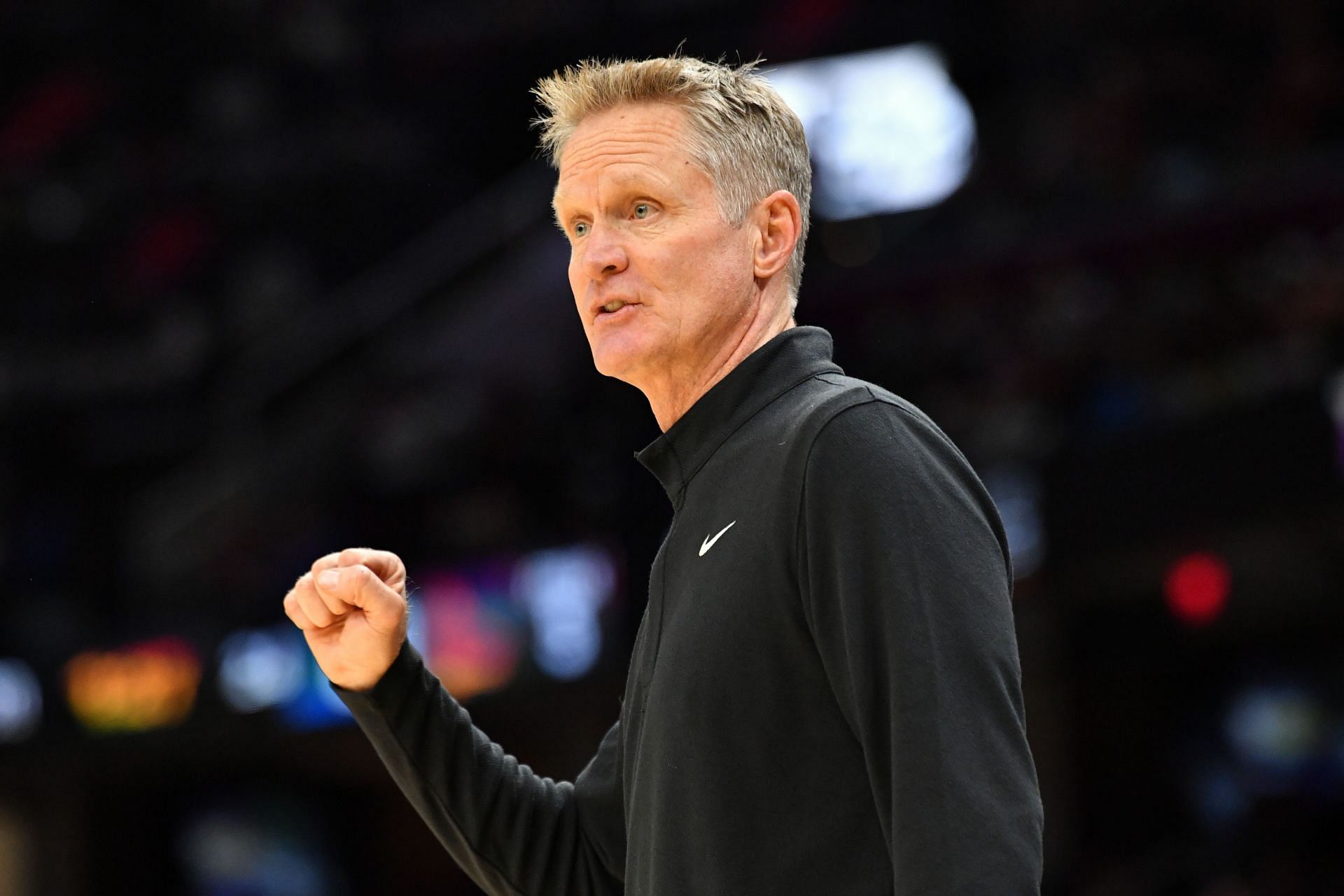 Coach Steve Kerr of the Golden State Warriors communicates with his players during the second half against the Cleveland Cavaliers on Nov. 18, 2021, in Cleveland, Ohio. The Warriors won 104-89.