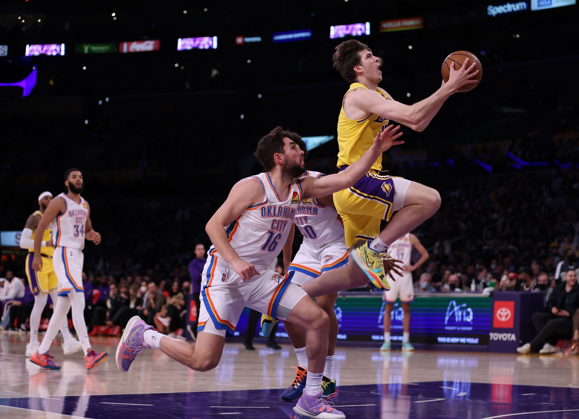 Austin Reaves goes for a layup during the Oklahoma City Thunder v Los Angeles Lakers game