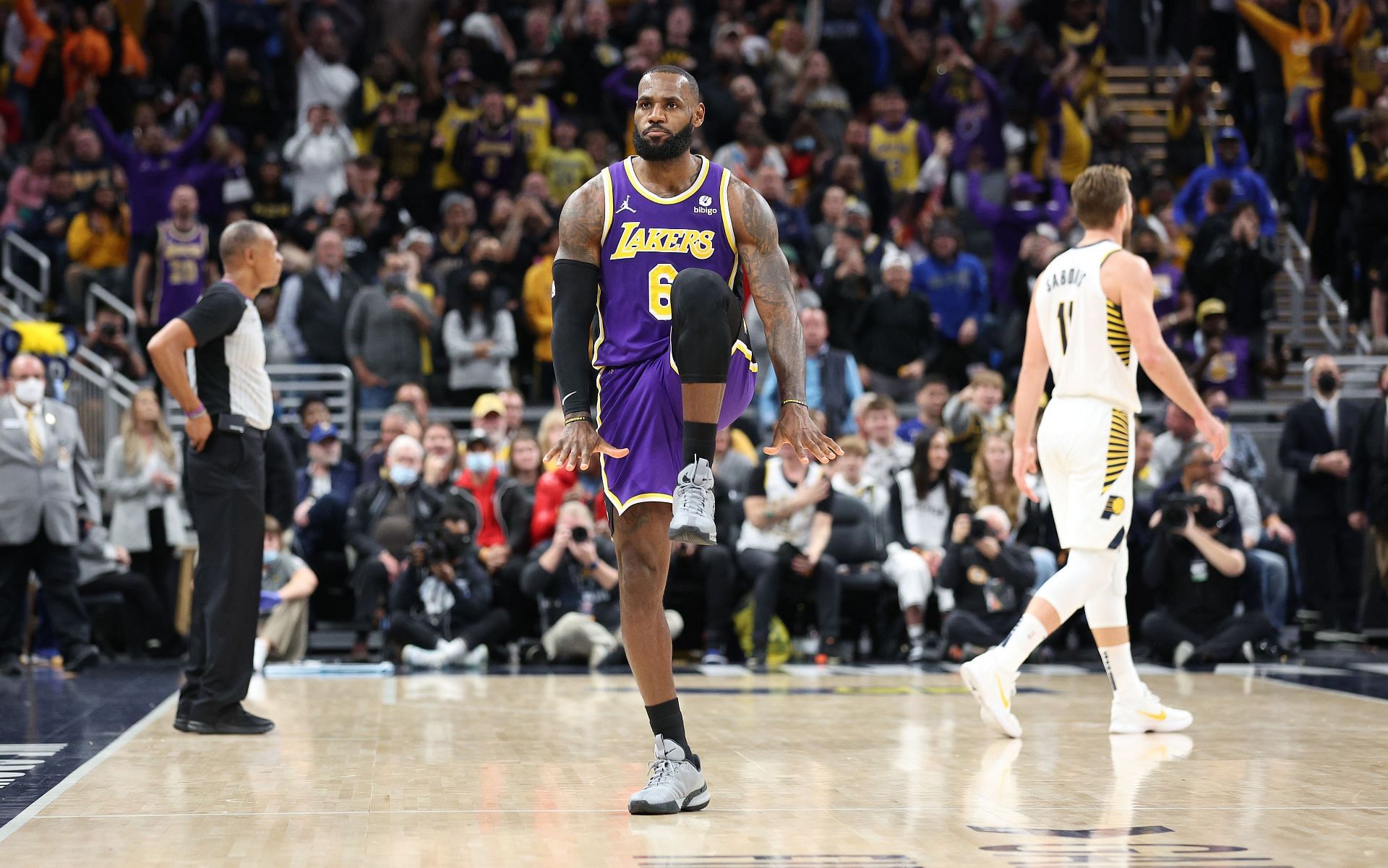 LeBron James #6 of the Los Angeles Lakers celebrates in the 124-116 OT win against the Indiana Pacers.