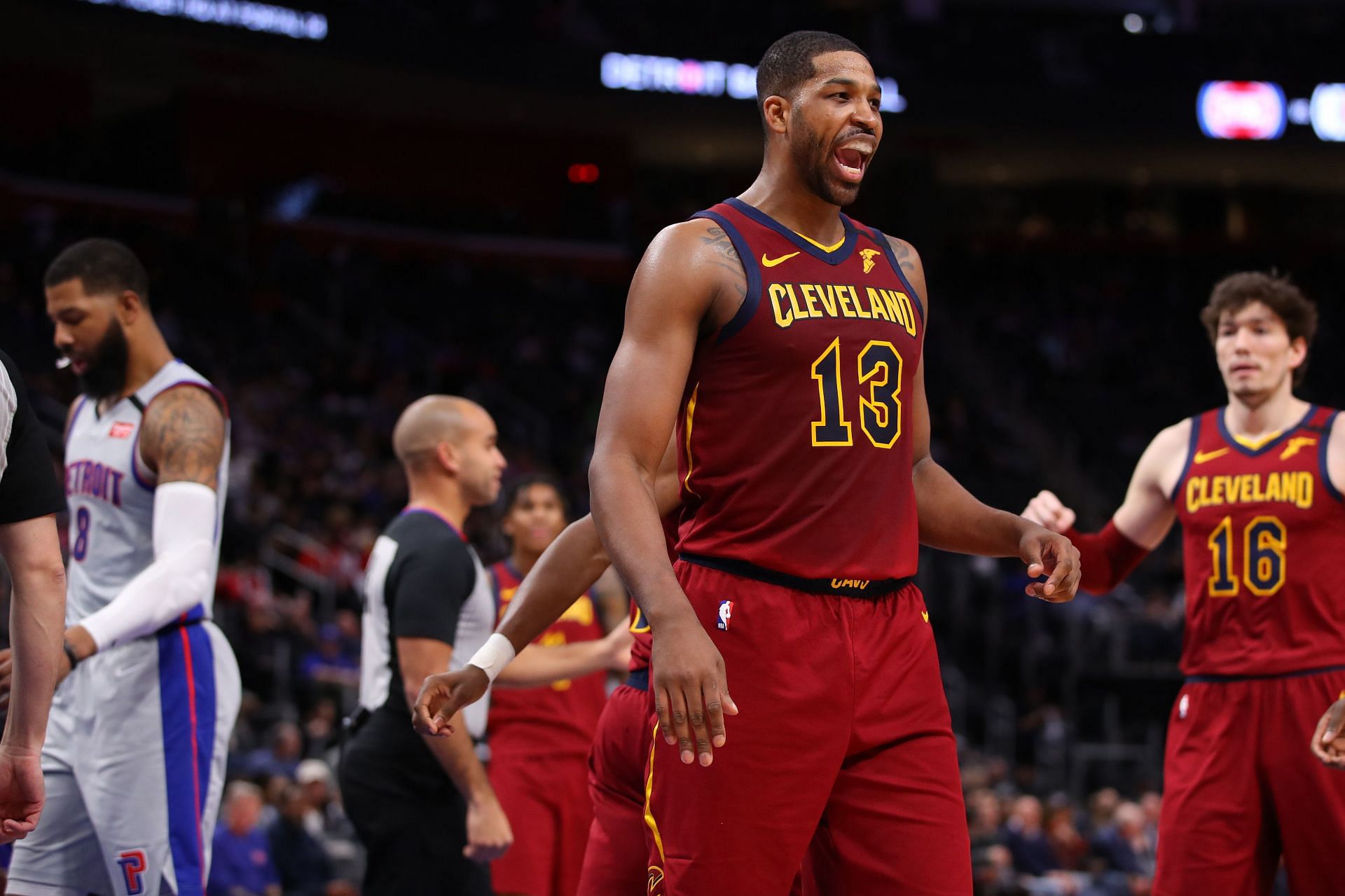 Tristan Thompson of the Cleveland Cavaliers reacts to a basket against the Detroit Pistons at Little Caesars Arena on Jan. 27, 2020, in Detroit, Michigan. Cleveland won the game 115-100.