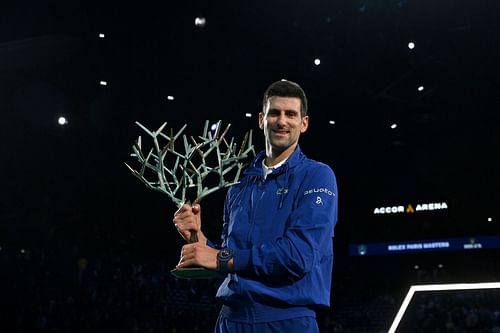 Novak Djokovic with 2021 Rolex Paris Masters trophy