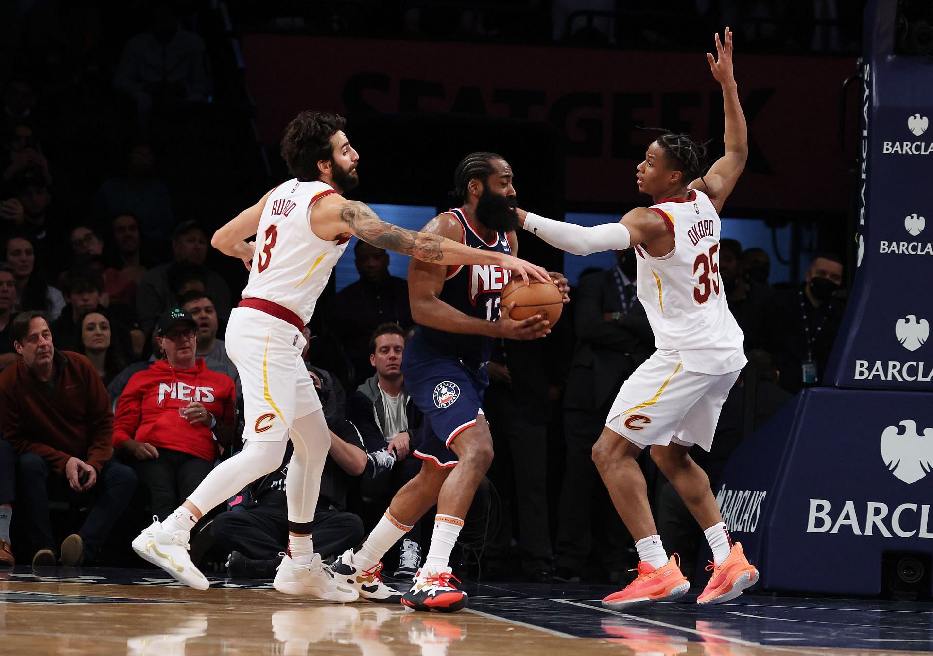 Ricky Rubio (left) attempts to steal the ball from James Harden