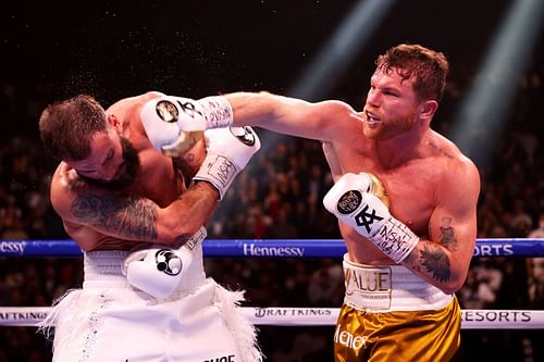 Canelo Alvarez punches Caleb Plant