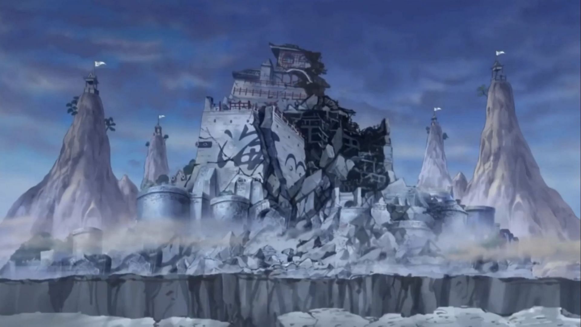 Marineford in ruins after Whitebeard uses his Tremor Tremor Fruit to assault the city, as seen in the One Piece anime&#039;s Marineford arc. (Image via Toei Animation)