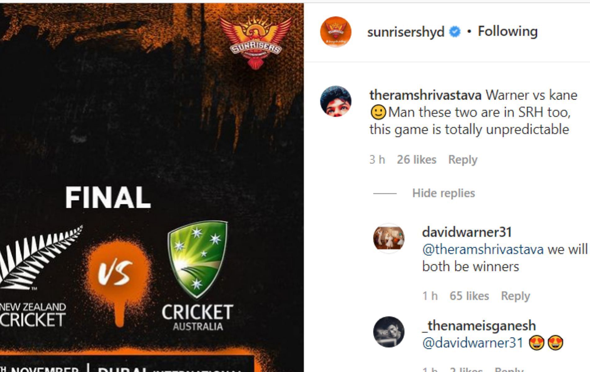 David Warner responded to a fan&#039;s comment on Instagram.