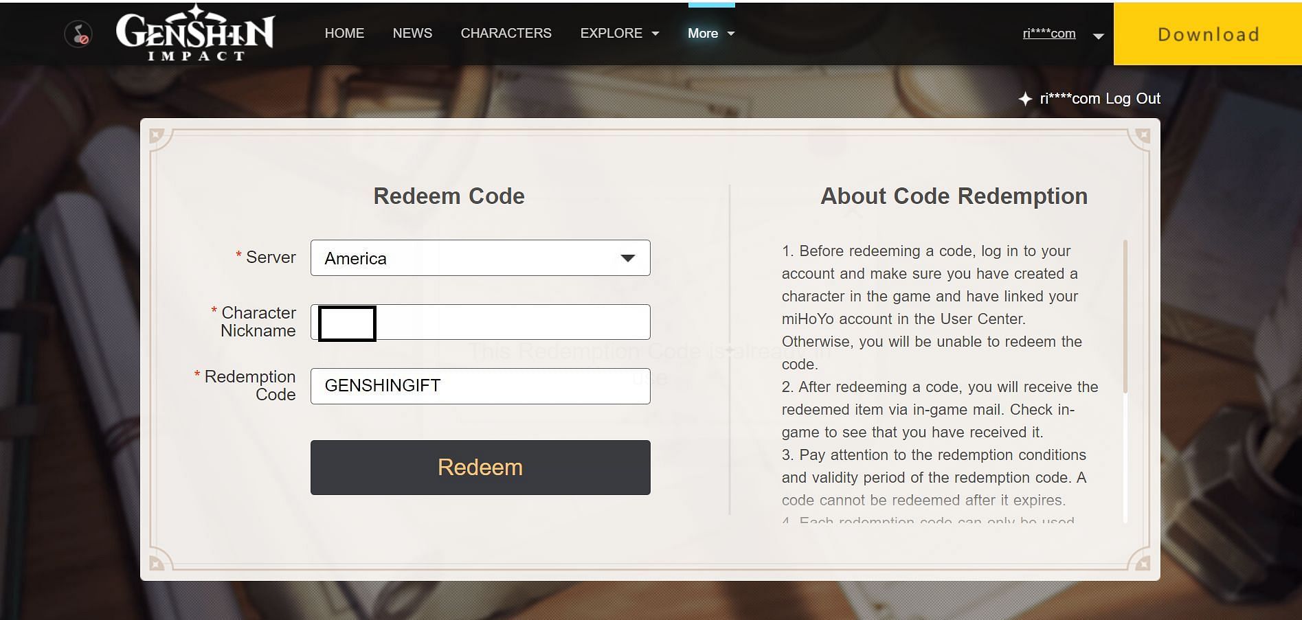 Click Redeem and the rewards will be sent in-game (Image via Genshin Impact)