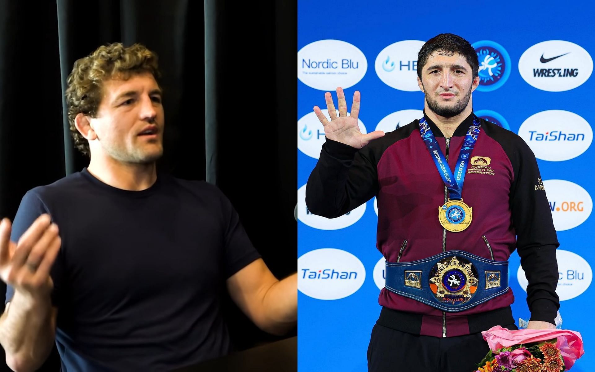 Ben Askren (left) image via Youtube/lexclips; Russian wrestler Abdulrashid Sadulaev (right) image via Instagram/sadulaev_abdulrashid