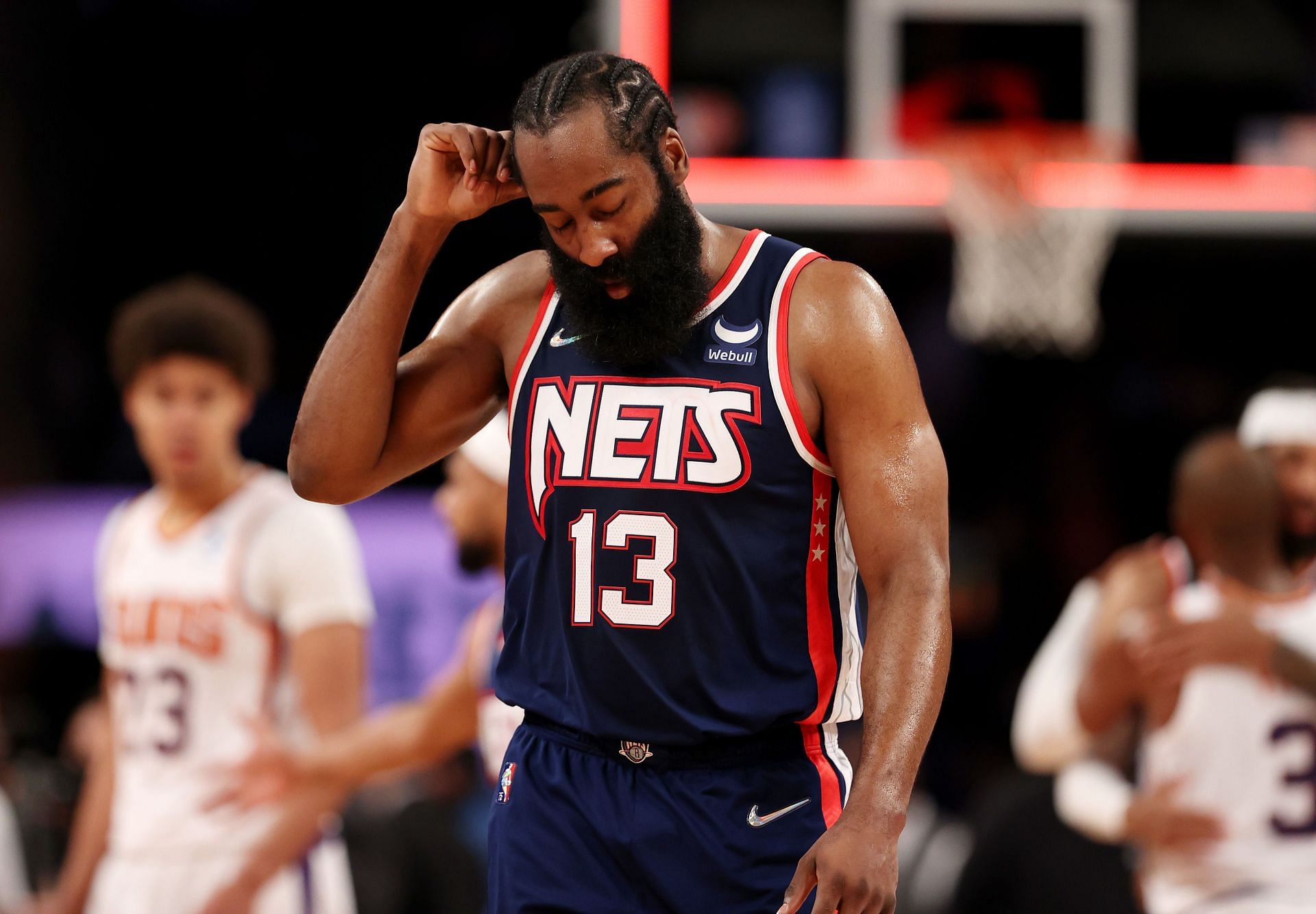 James Harden looks disapointed during Phoenix Suns v Brooklyn Nets