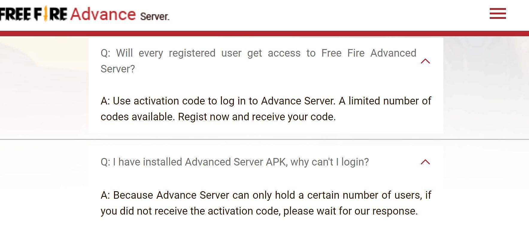 A snippet from the FAQ of the Advance Server (Image via Free Fire)