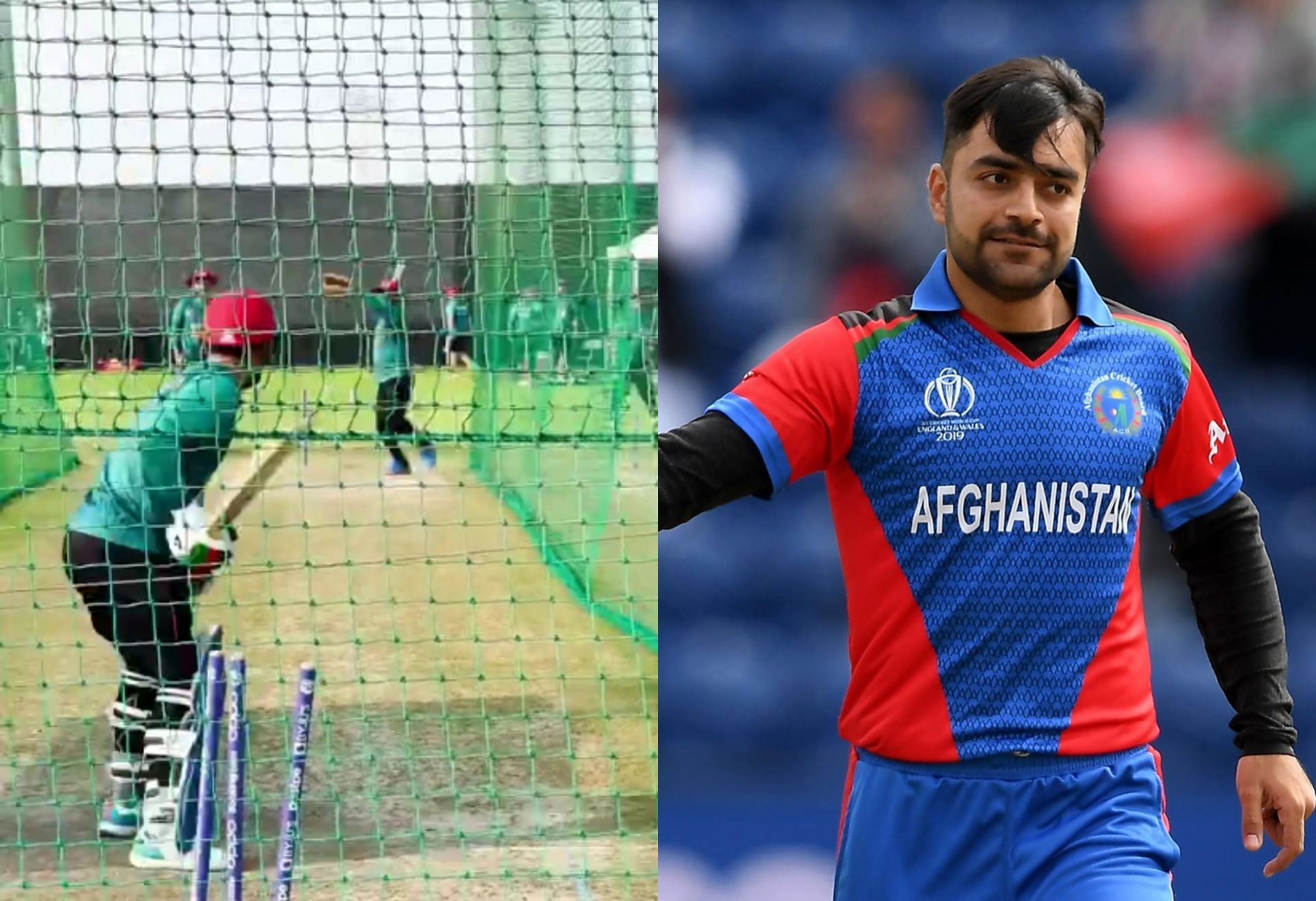 Rashid Khan batting in the nets ahead of the pivotal game against New Zealand tomorrow.