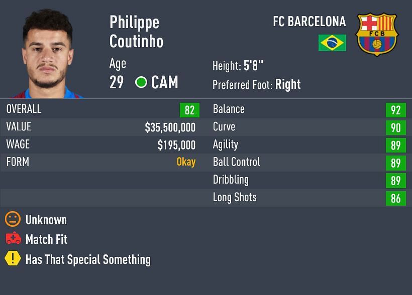 Coutinho&#039;s strength rating stands at 52 in FIFA 22 (Image via Sportskeeda)