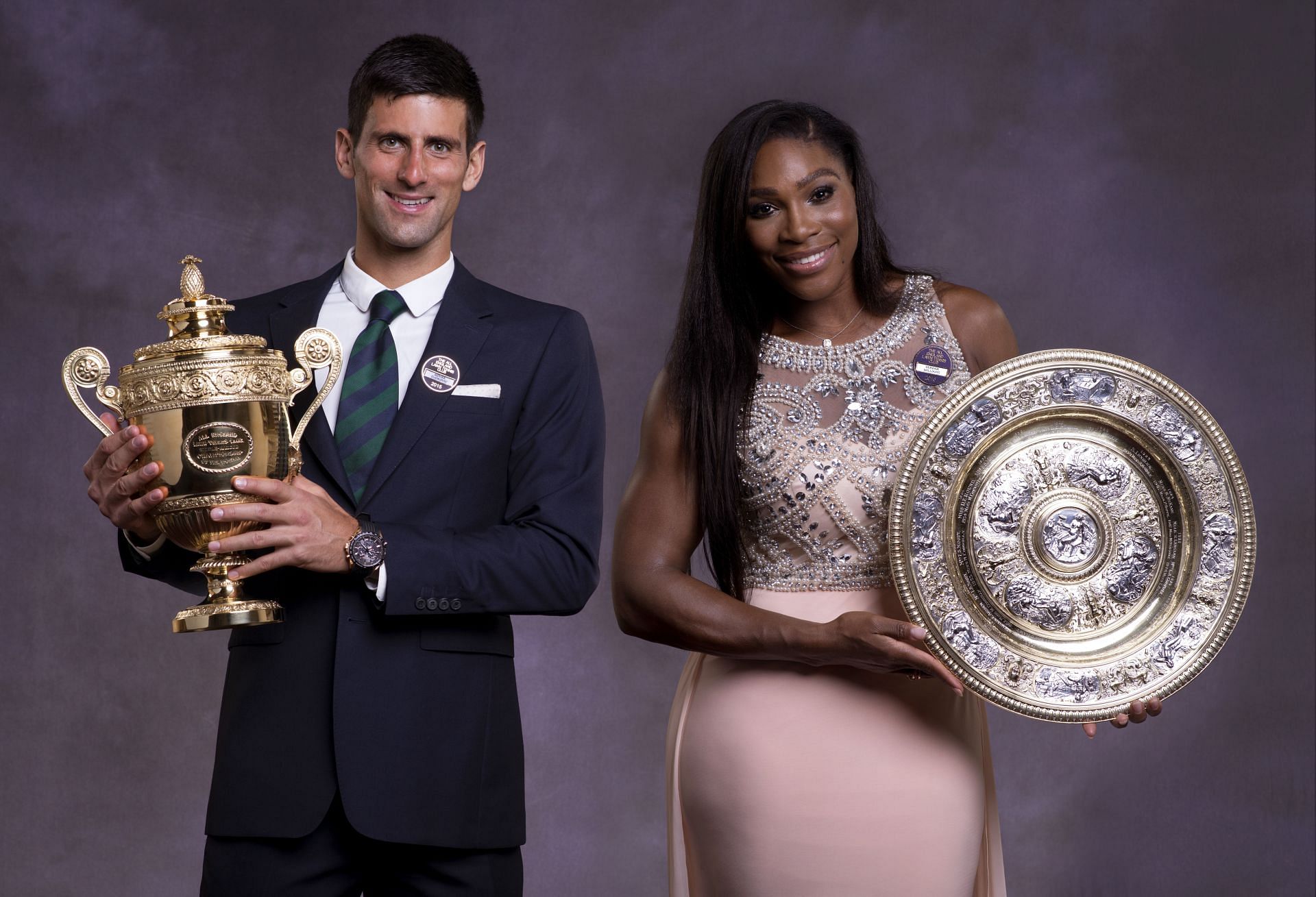 Novak Djokovic and Serena Williams with their 2015 Wimbledon trophies