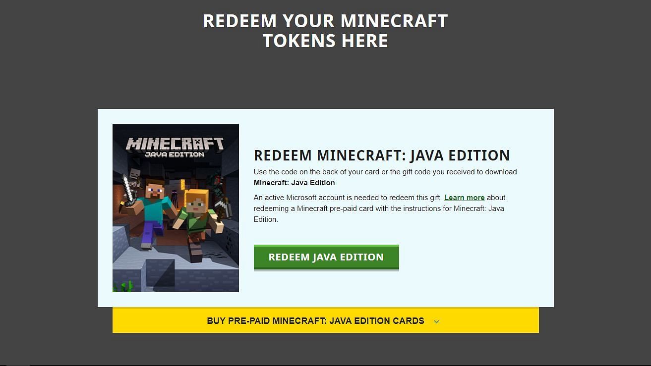 Redeem Minecraft Java Edition (Image via Minecraft.net)
