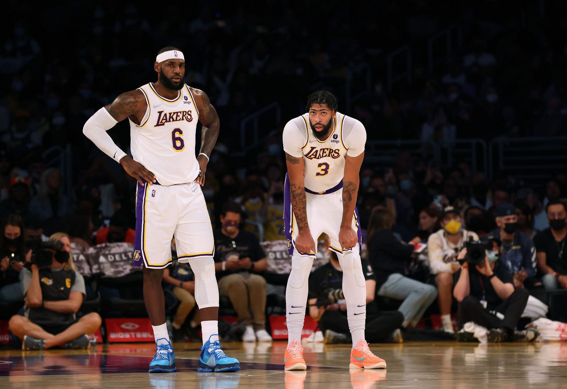 Anthony Davis and LeBron James during a game for the Los Angeles Lakers