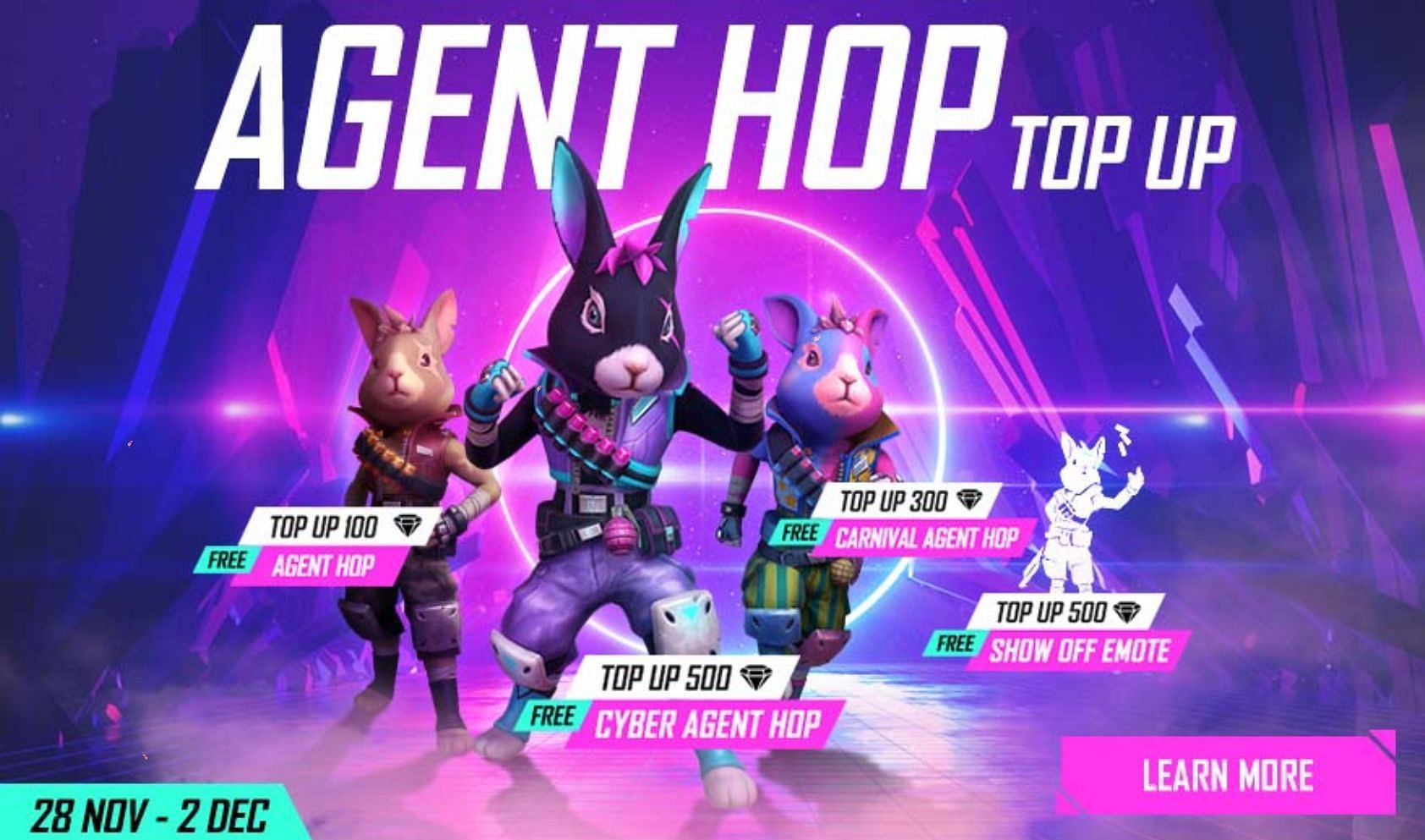 The Agent Hop Top Up will be available until 2 December 2021 (Image via Free Fire)