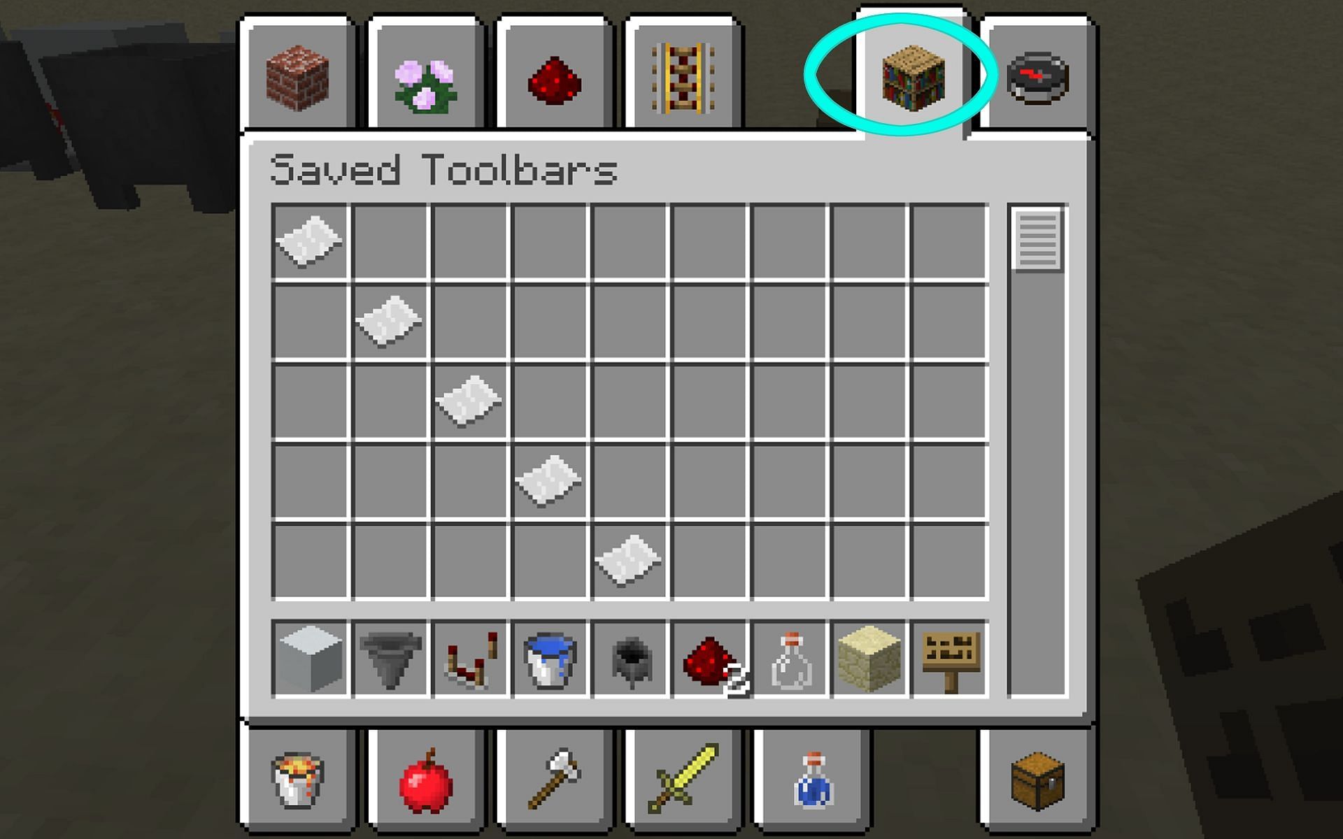 Players can find their saved toolbars under the tab indicated above. (Image via Minecraft)