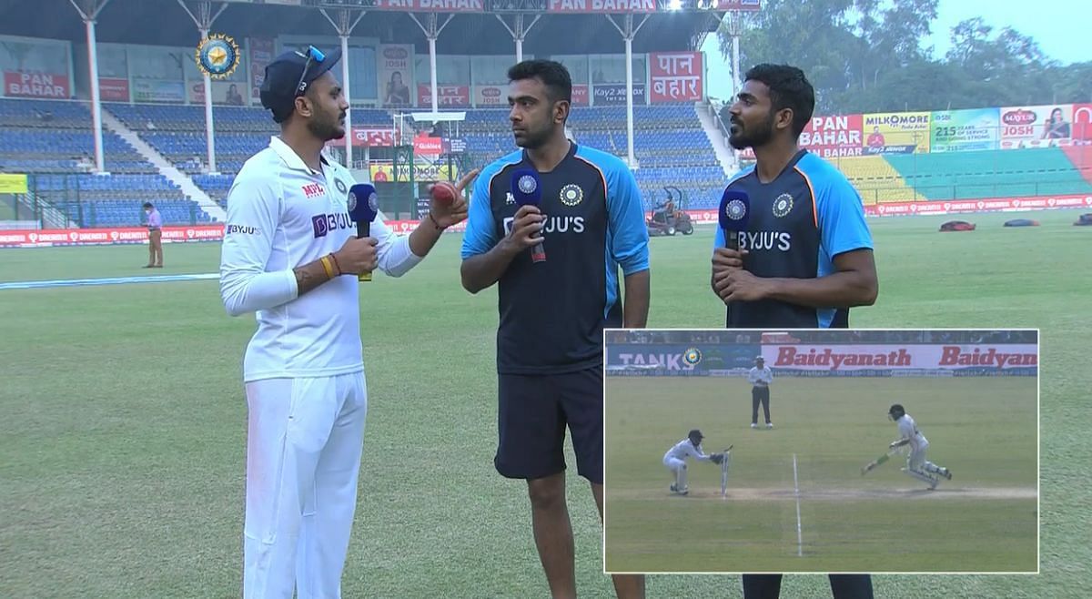 (L to R) Axar Patel, Ravichandran Ashwin, and KS Bharat; (Inset) Tom Latham&rsquo;s stumping. Pic: BCCI