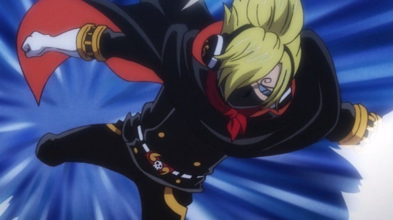 Sanji seen in his Stealth Black raid suit, which he received from Germa 66. (Image via Toei Animation)