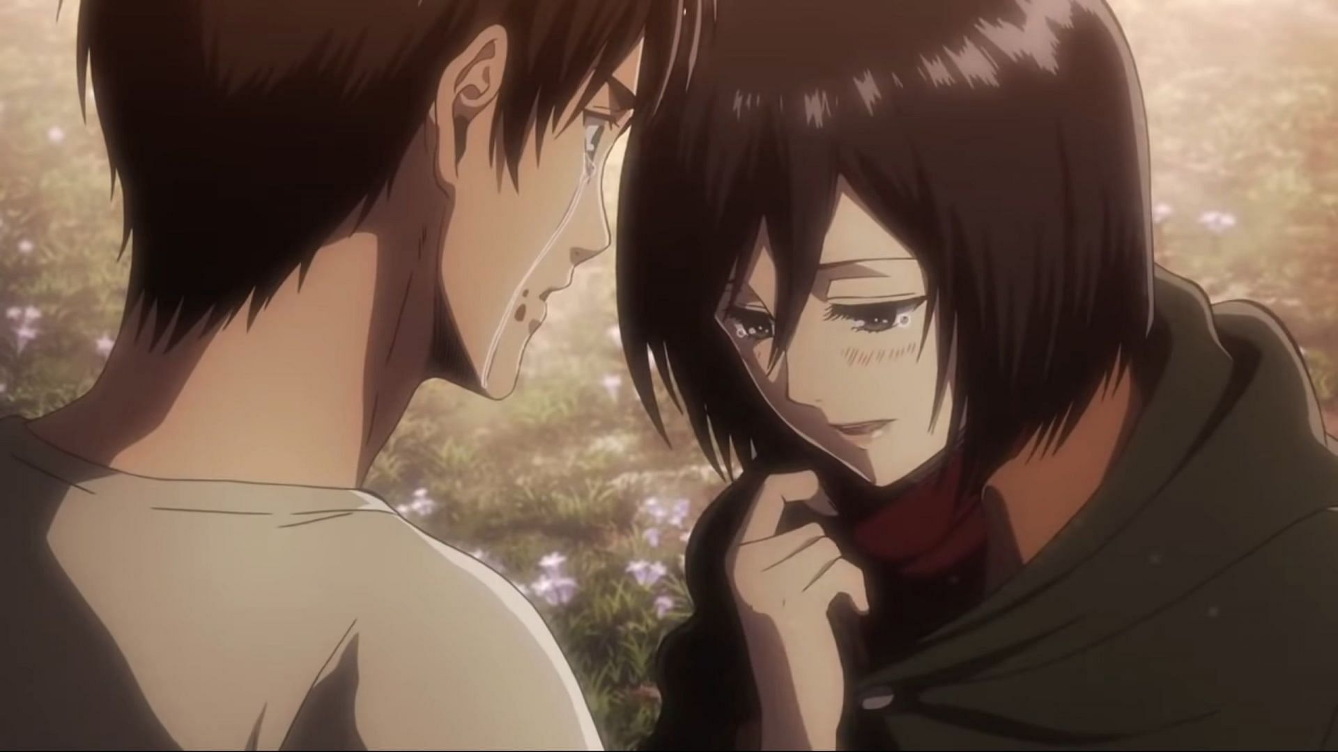 Mikasa asks Eren to wrap the scarf around her one more time, one of the many ways Mikasa &quot;confessed&quot; her love for Eren without actually having to say the words (Image via Wit Studio)