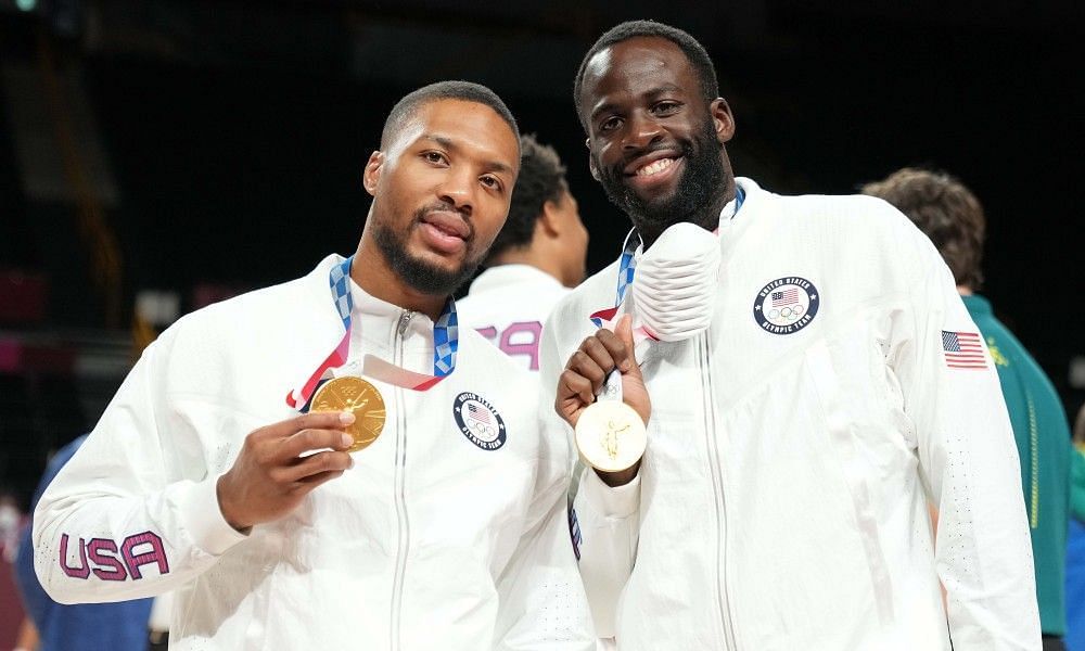 Damian Lillard and Draymond Green celebrate their gold medal at the 2020 Tokyo Olympics.