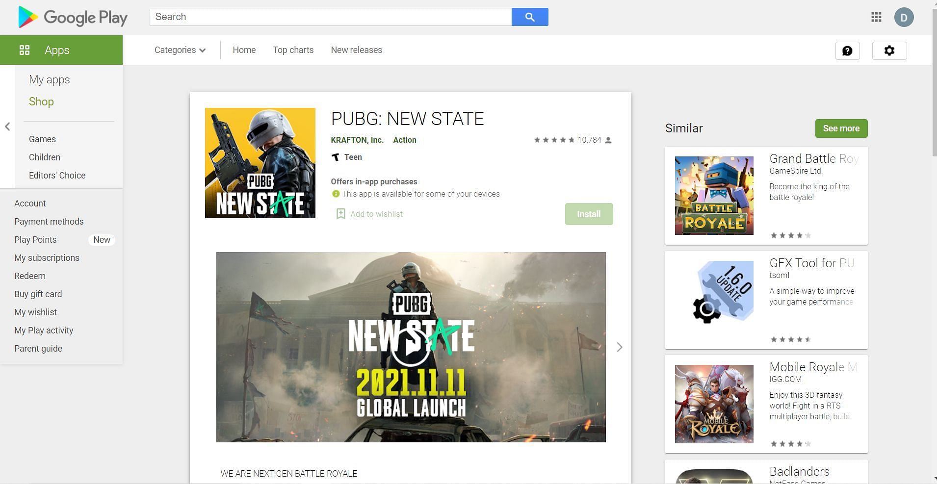 PUBG New State is available for Android devices (Image via Google Play Store)