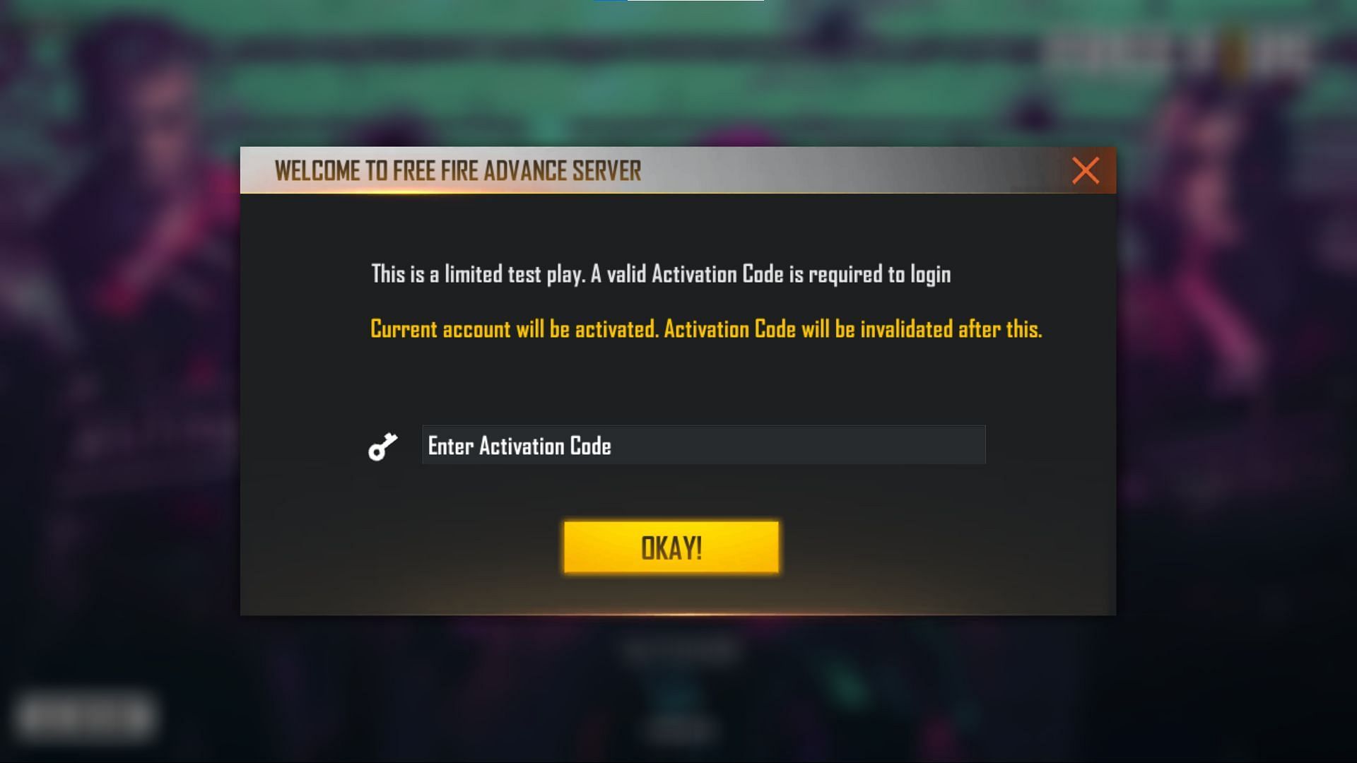 Enter the Activation Code after opening Advance Server (Image via Free Fire)