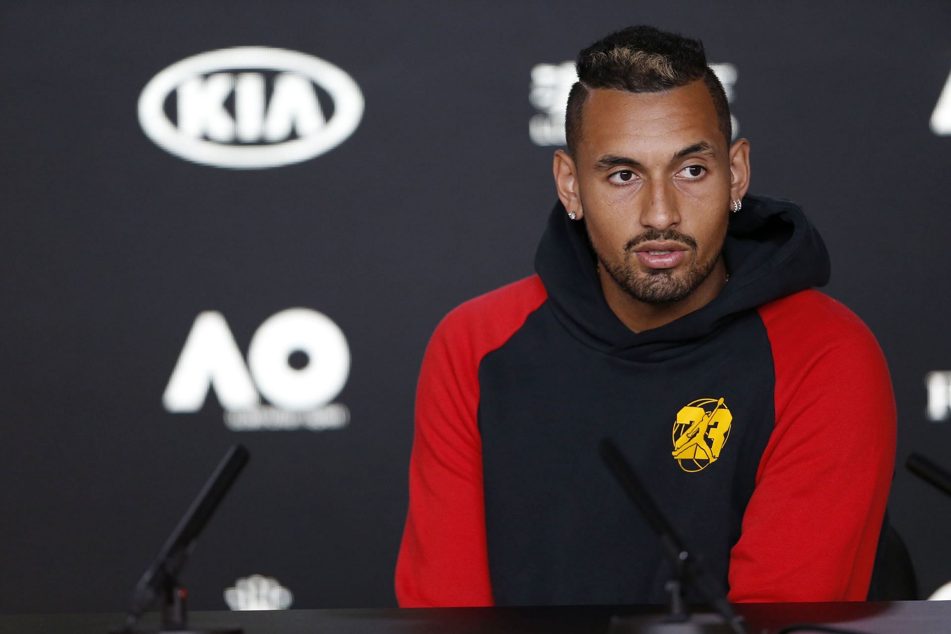 Nick Kyrgios speaking to the press ahead of the 2019 Australian Open
