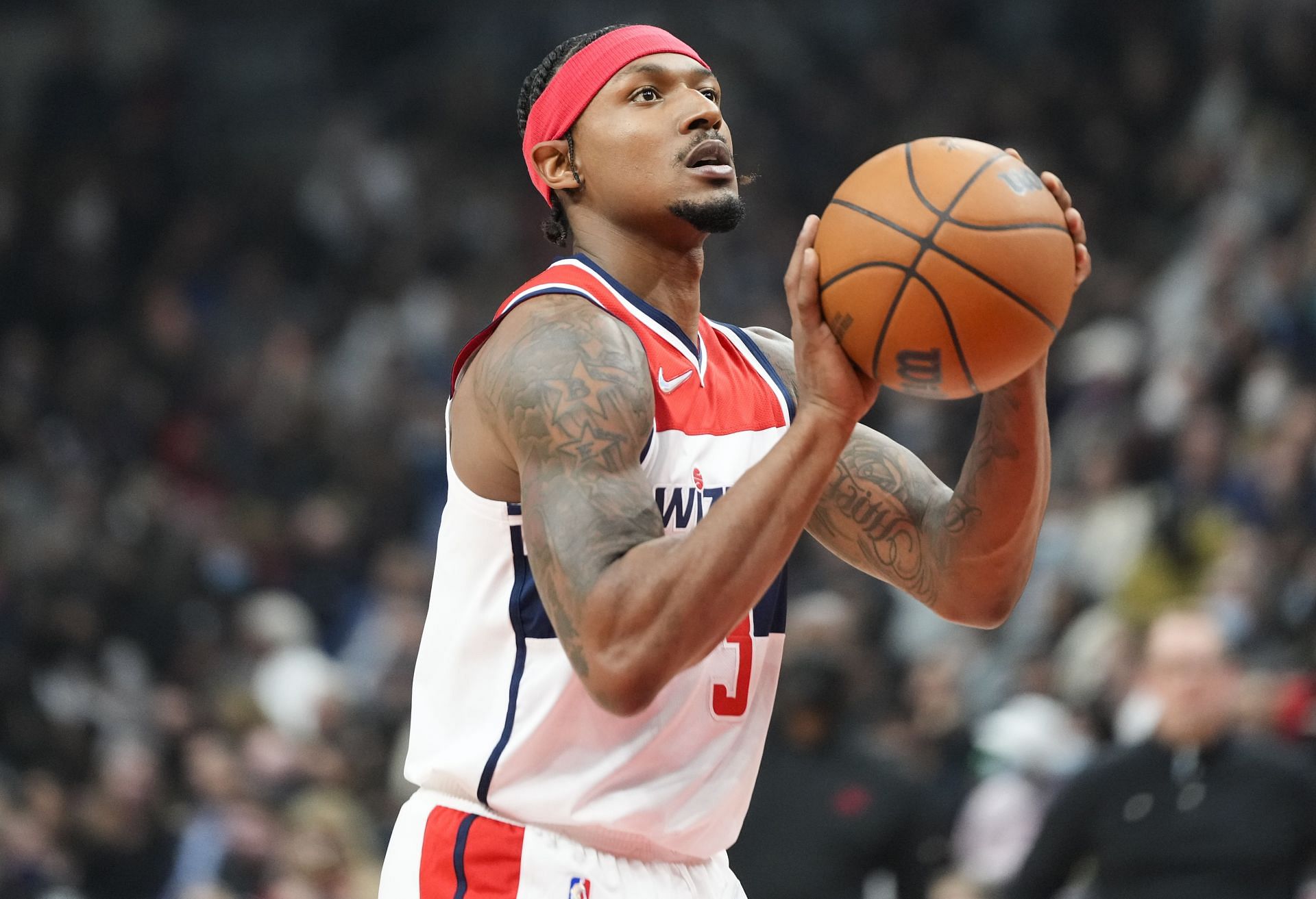 Bradley Beal attempts a free throw at a Washington Wizards game