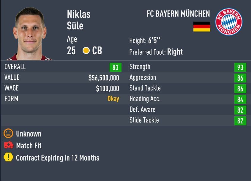 Sule&#039;s OVR starts at 83 in Career Mode (Image via Sportskeeda)