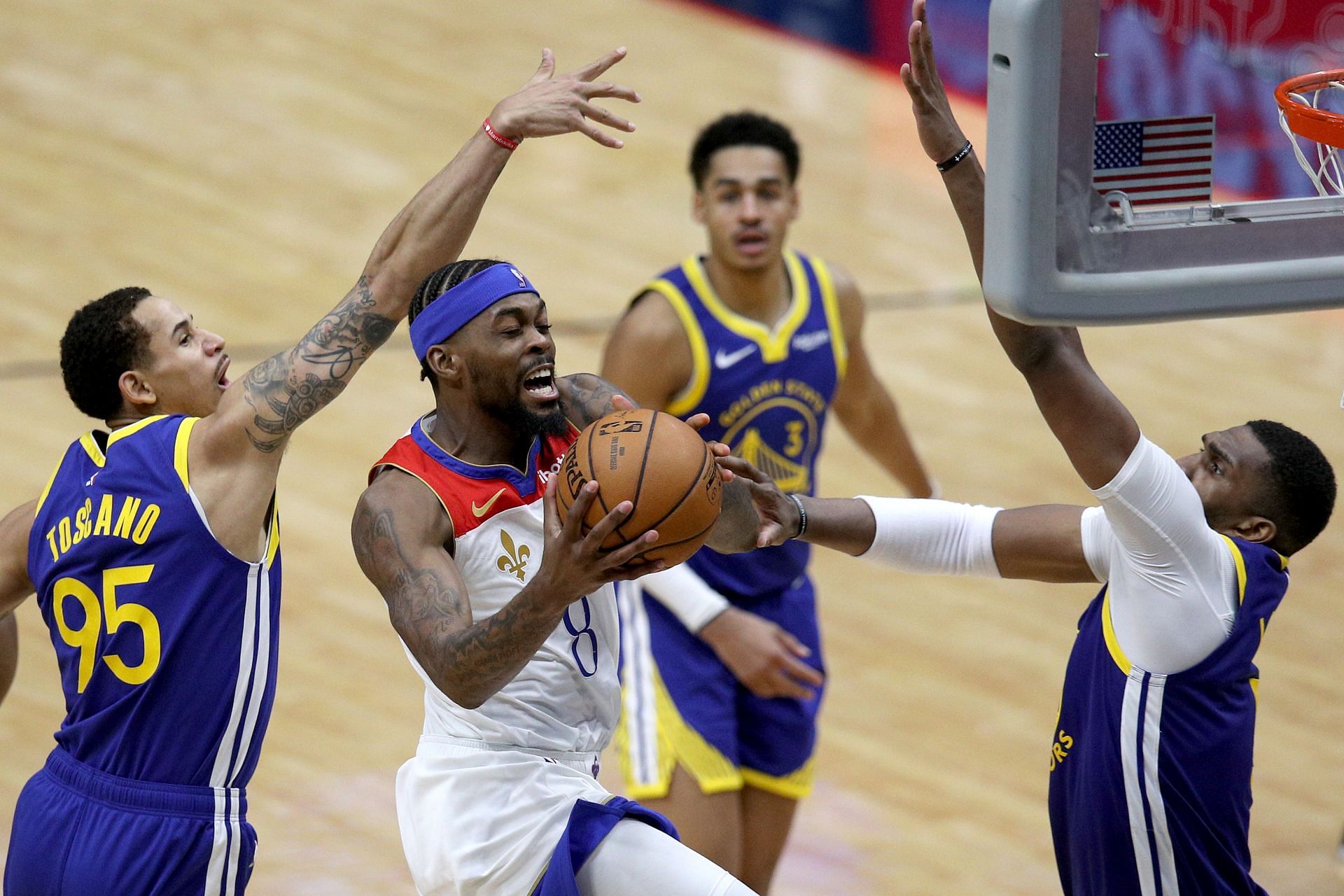 Naji Marshall of the New Orleans Pelicans drives against the Golden State Warriors.
