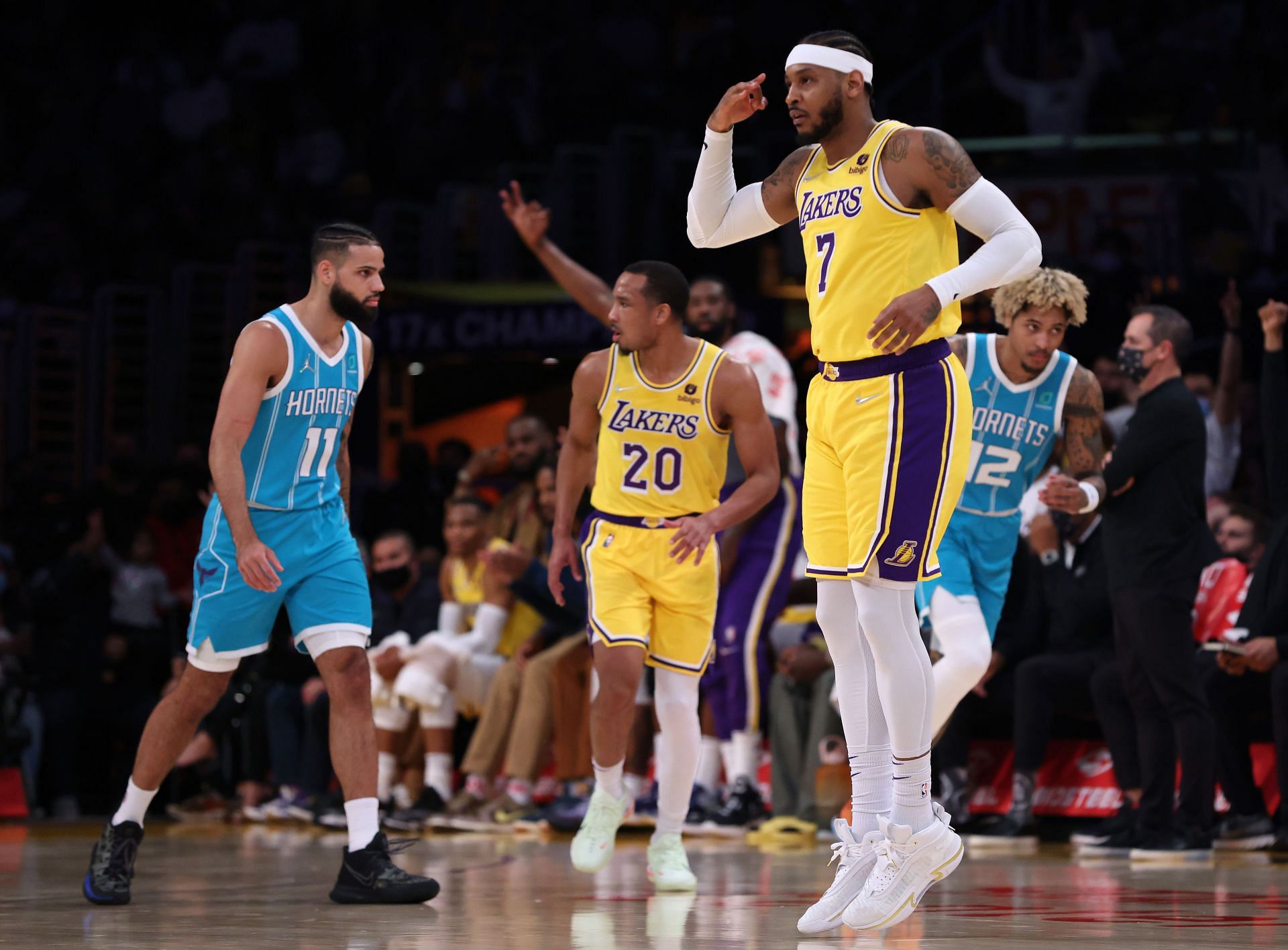 Carmelo Anthony with his signature celebration after hitting a three-pointer against the Hornets