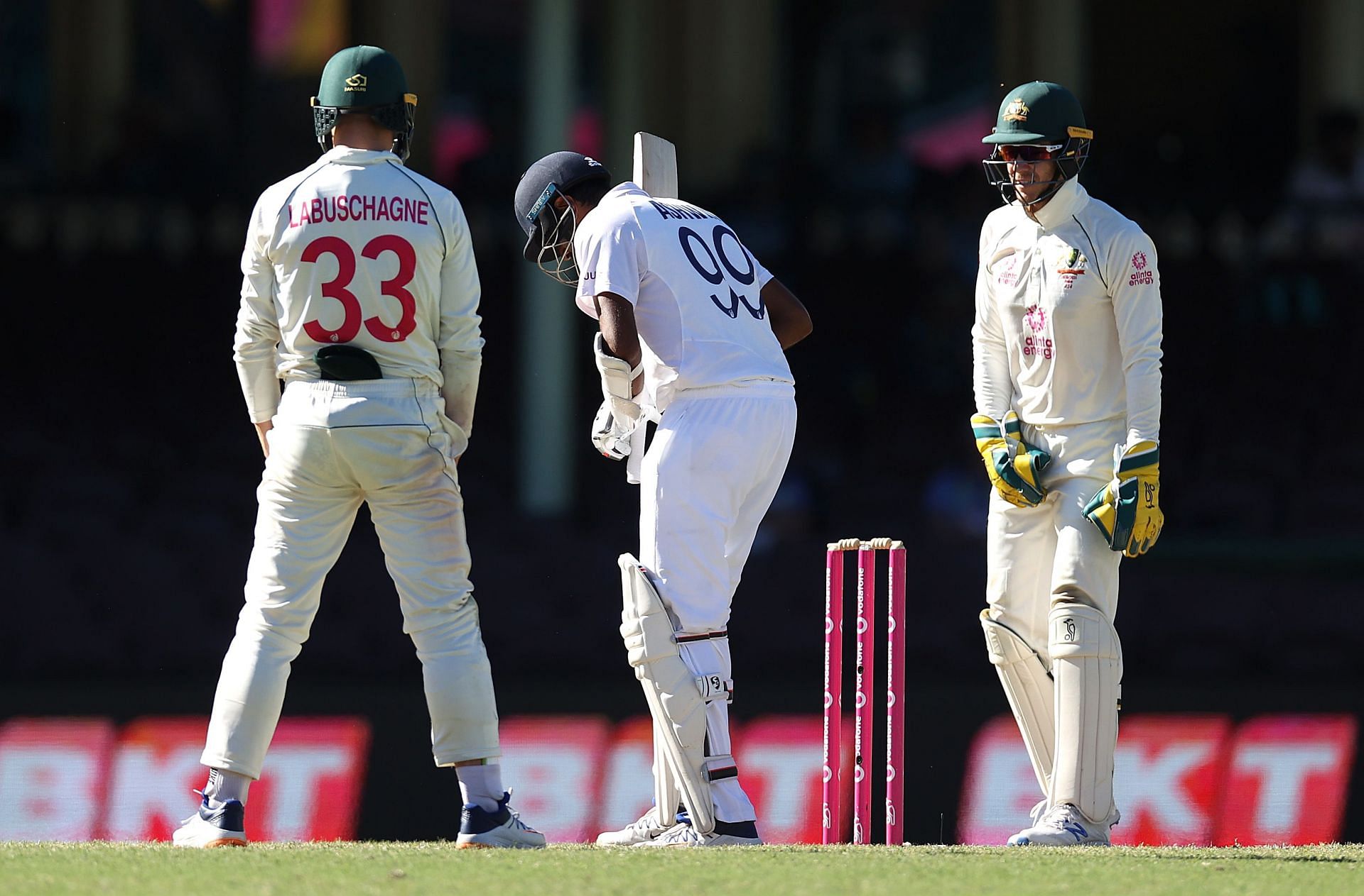 Tim Paine chats with Ravichandran Ashwin during the Sydney Test. Pic: Getty Images