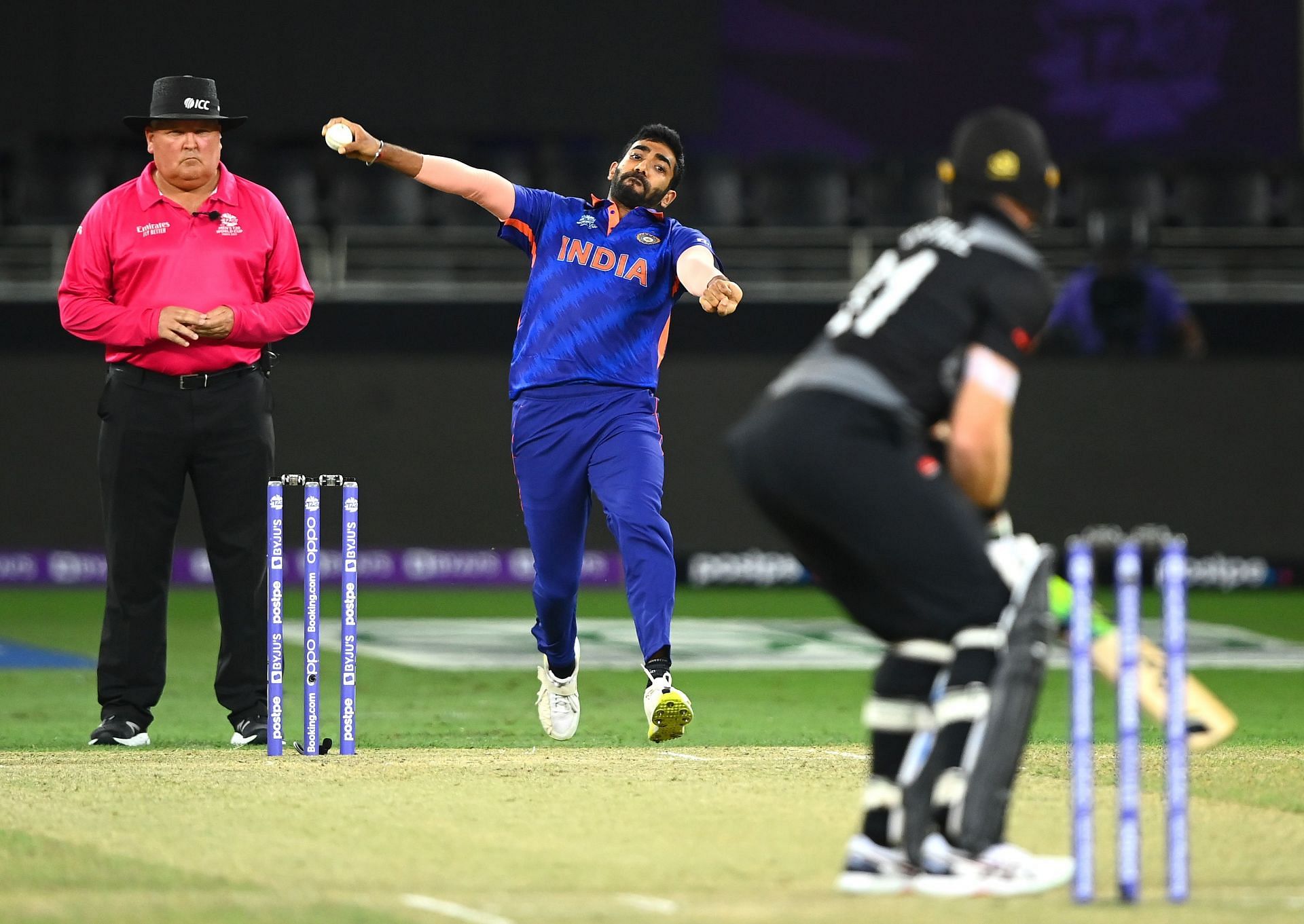 Jasprit Bumrah bowling against New Zealand. Pic: Getty Images