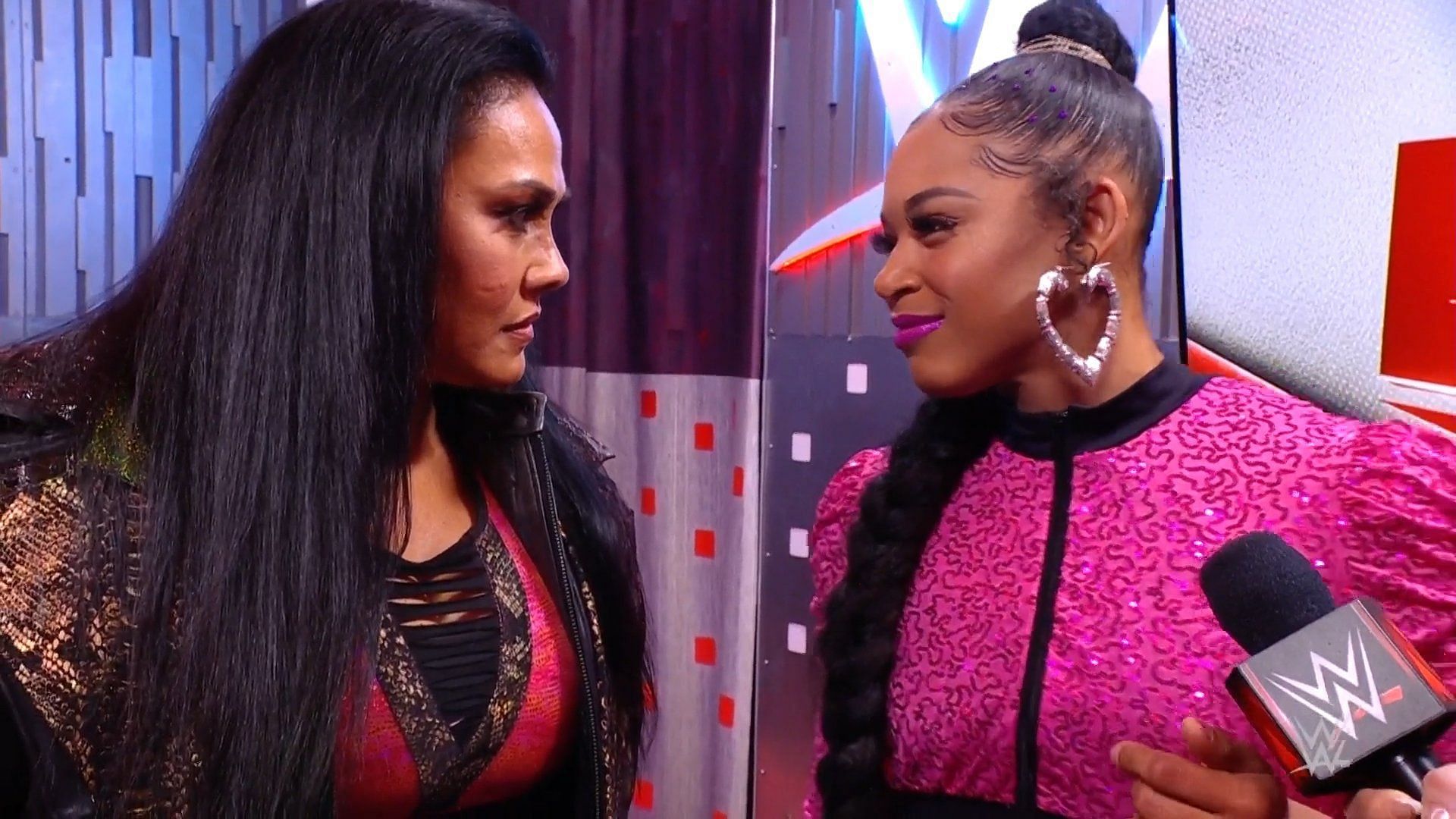 Tamina Snuka and Bianca Belair during their backstage segment on RAW.