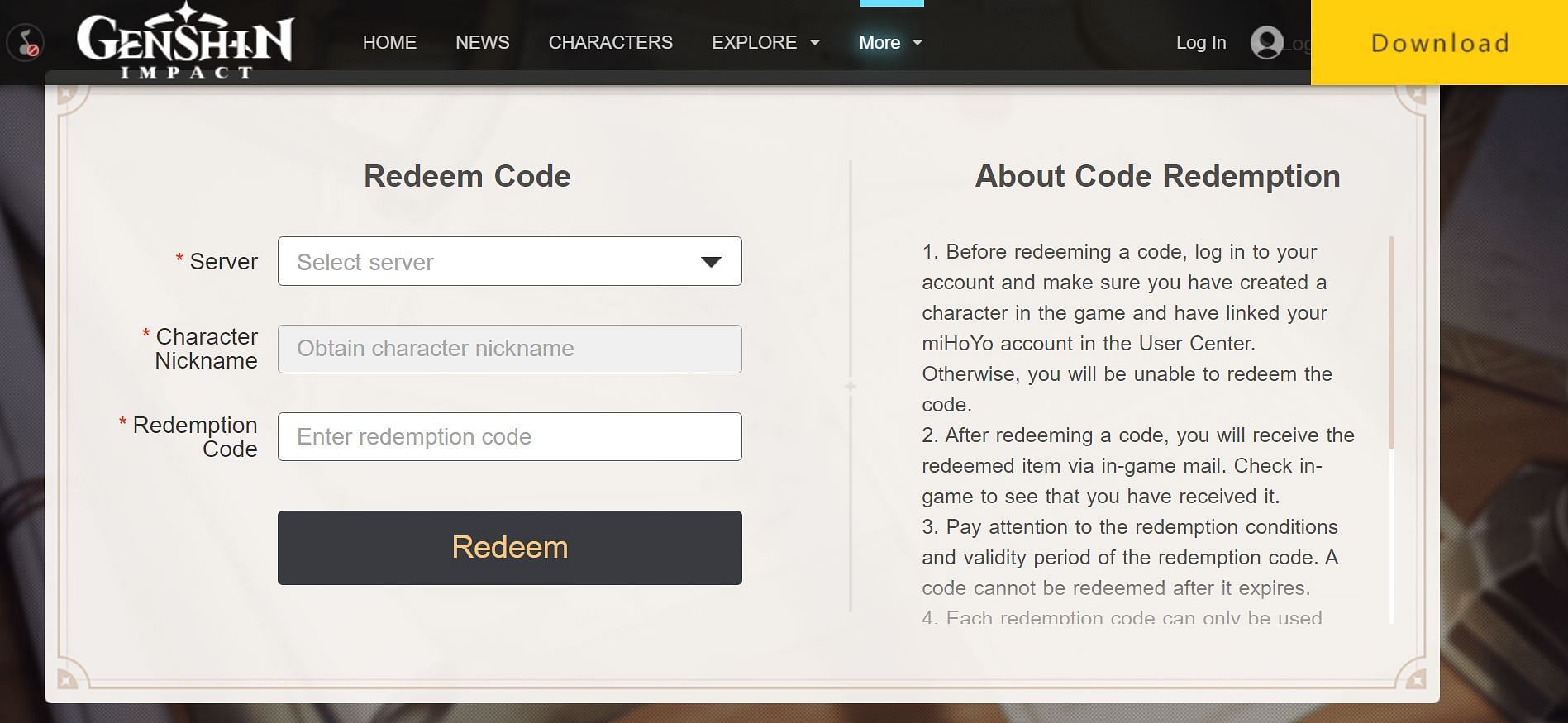 Genshin Impact website to redeem promo codes (Image via Genshin Impact)