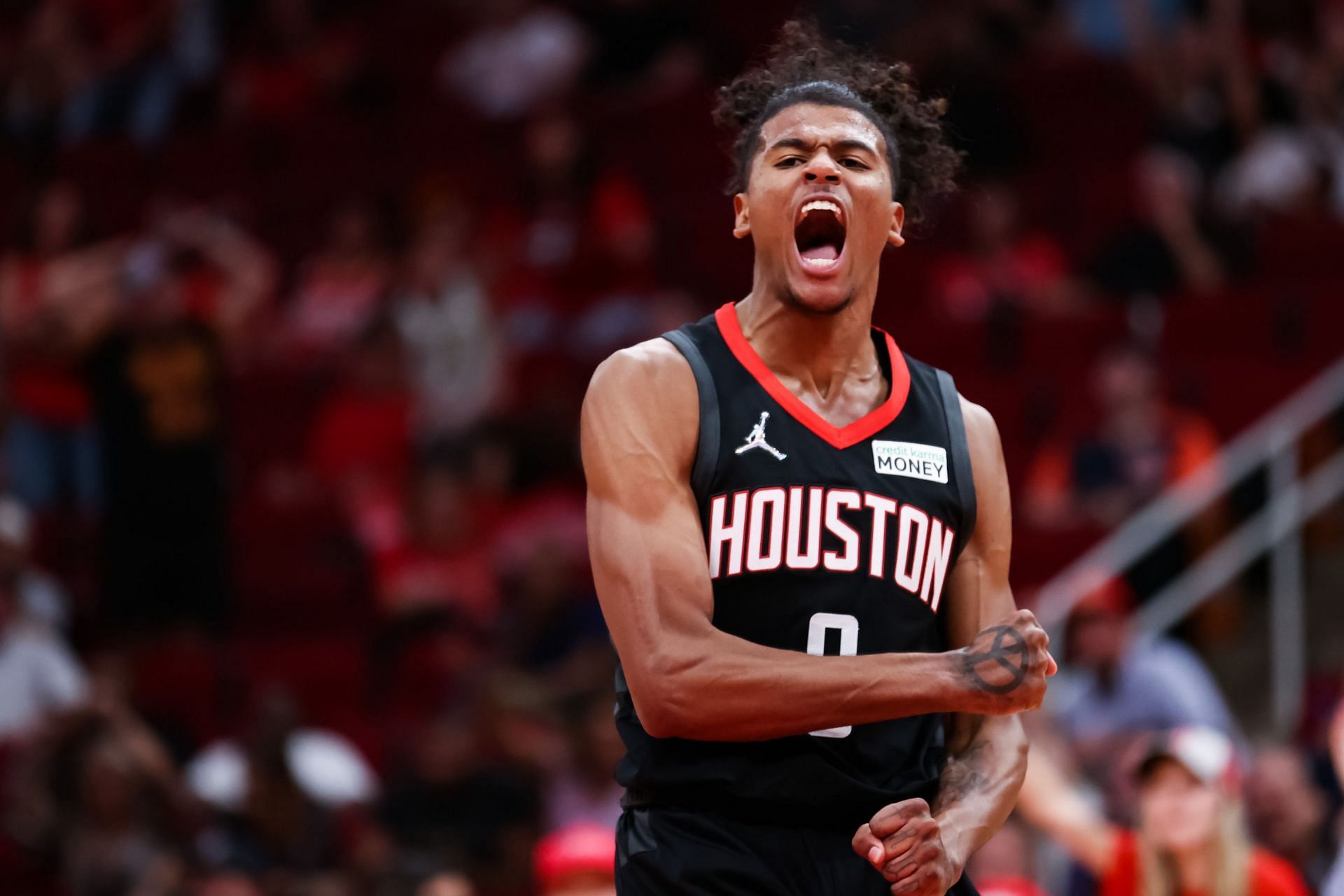 Jalen Green celebrates a play for the Houston Rockets.