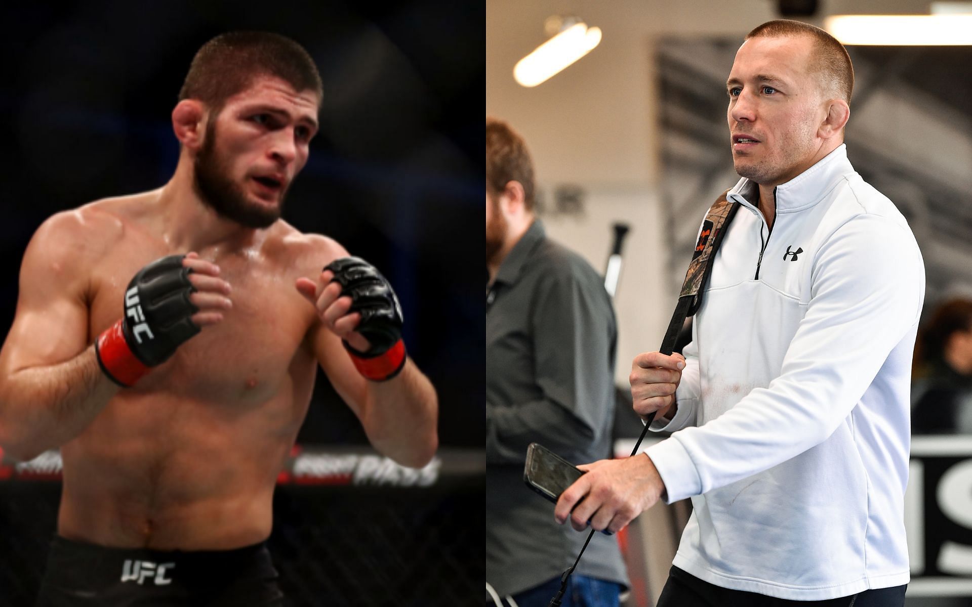 Former UFC champions Khabib Nurmagomedov (left) and Georges St-Pierre (right)