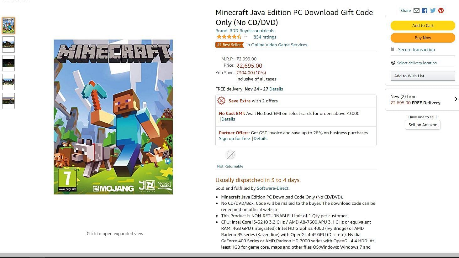 Minecraft Java Edition on Amazon (Image via Amazon)