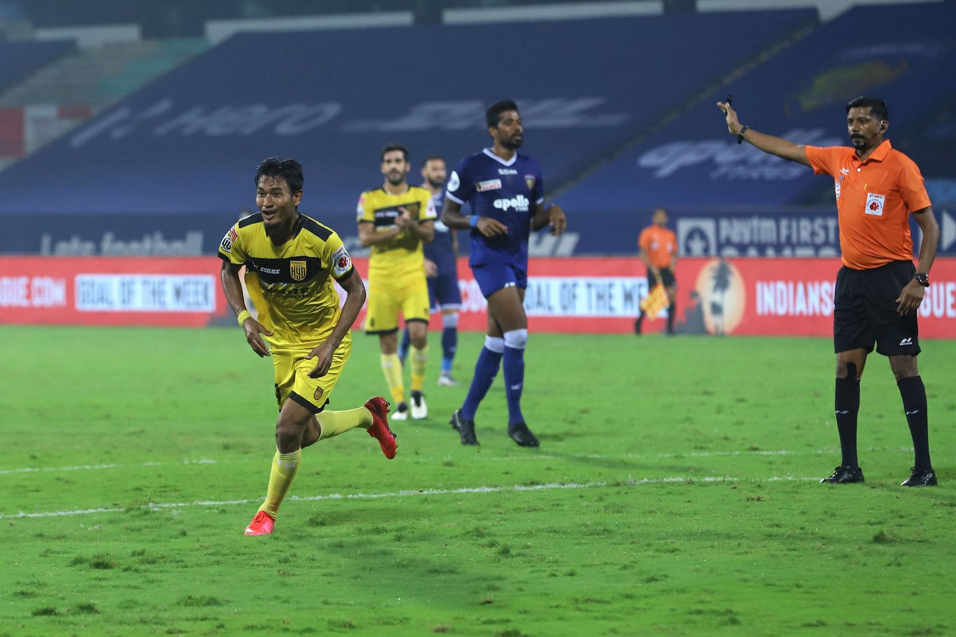 Halicharan Narzary of Hyderabad FC celebrates after scoring against Chennaiyin FC in ISL 2020-21 (Image Courtesy: Indian Super League)