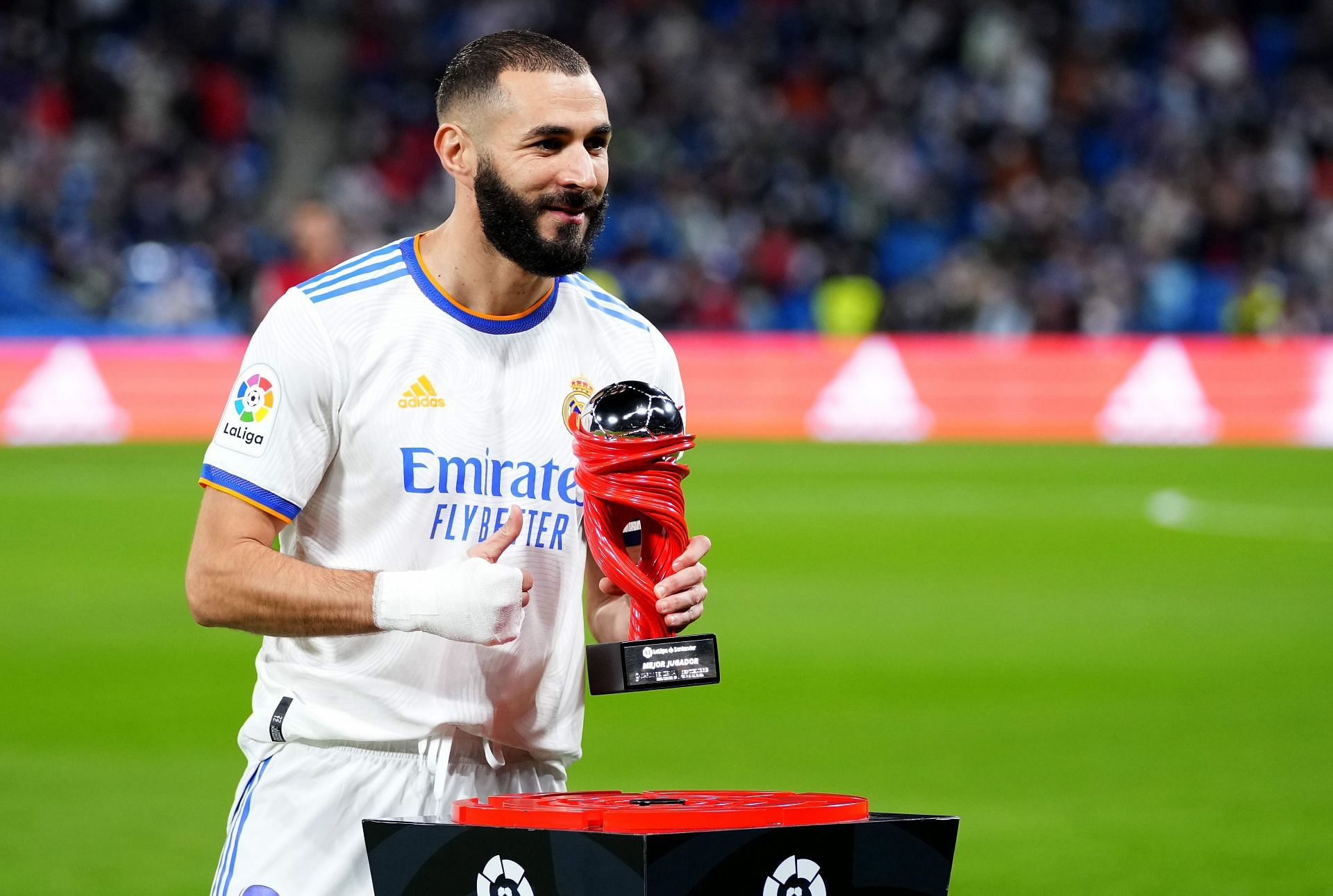 Karim Benzema of Real Madrid is presented with La Liga Player of the Month award