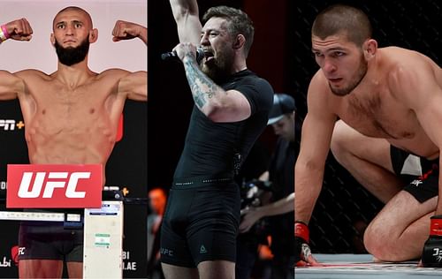 Khamzat Chimaev (left); Conor McGregor (center); Khabib Nurmagomedov (right).