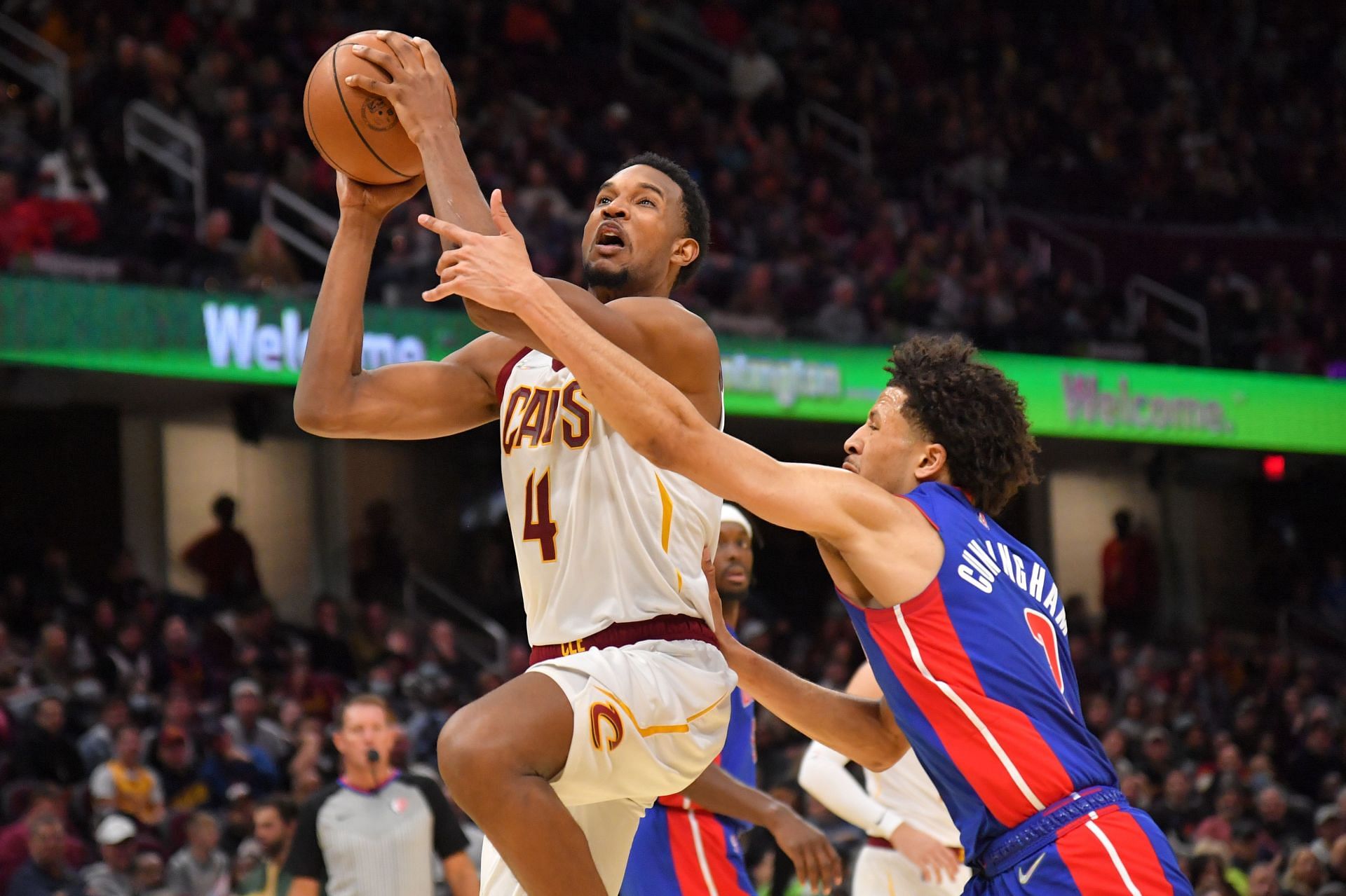 Evan Mobley attempts to score a layup at the Detroit Pistons v Cleveland Cavaliers game