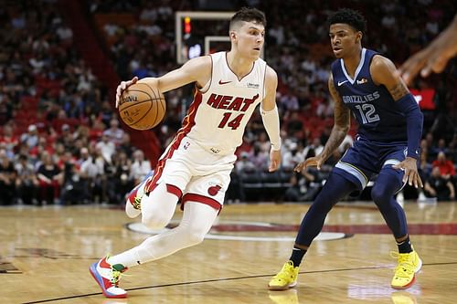 Tyler Herro and Ja Morant in action during Memphis Grizzlies v Miami Heat